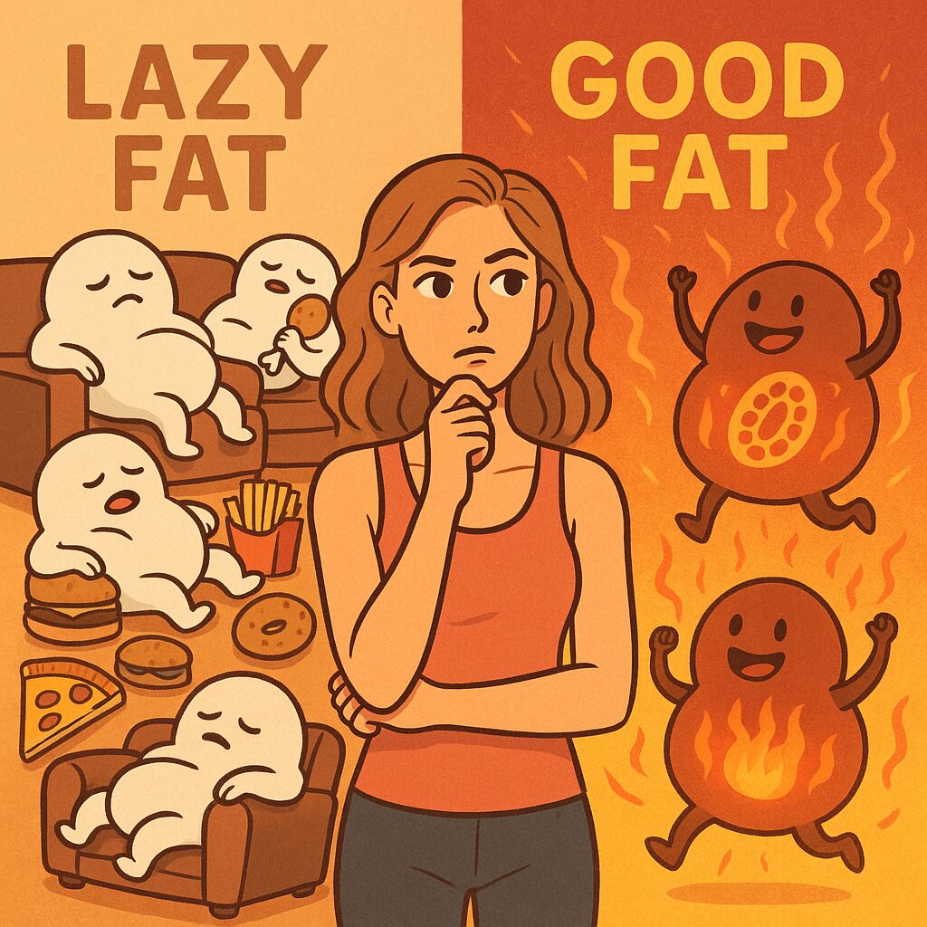 A woman in an orange tank top ponders, dividing the image. Left: lazy, relaxed characters on a couch with junk food. Right: energetic, smiling characters with fire. inferring pHix and the Science of BAT Activation