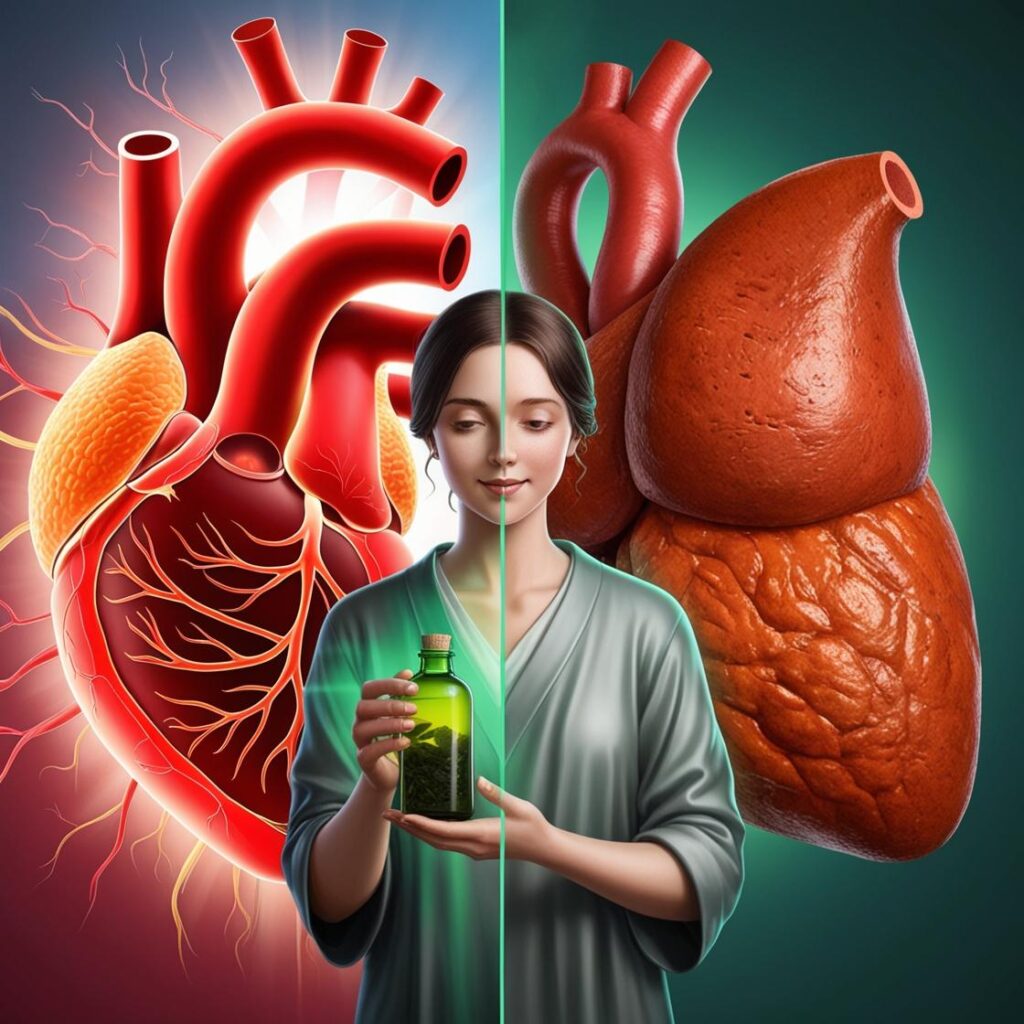 A woman in a robe holds a green vial, divided centrally. Left: anatomical heart illustration on a radiant background. Right: realistic heart against green.