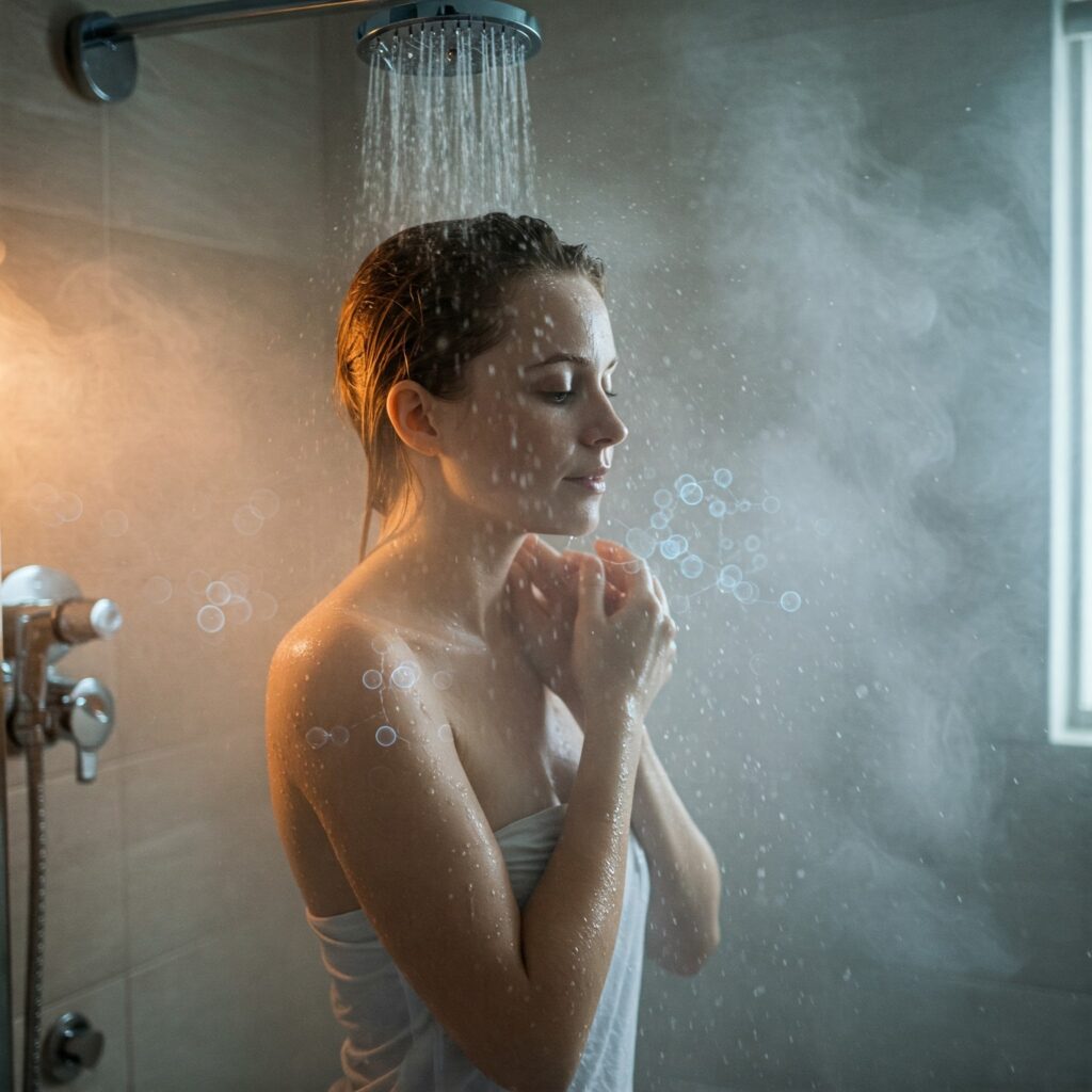 A person enjoys a calming shower, eyes closed, with water gently cascading over them. The scene is serene, featuring soft lighting and steam.