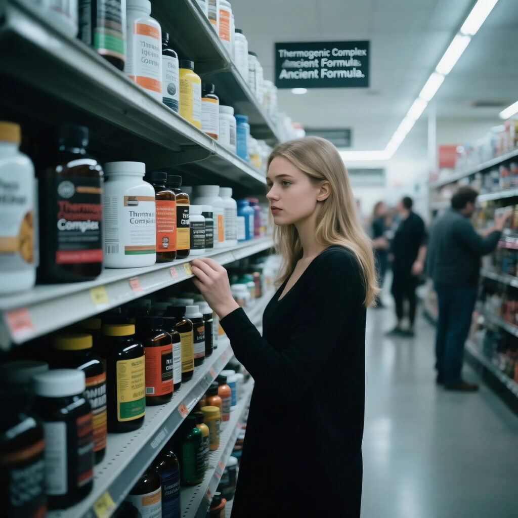 high quality, detailed illustration of various red flags found on dietary supplement labels, such as proprietary blends, lack of manufacturing information, unrealistic claims, suspicious ingredients, and excessive stimulants, against a clean, clinical white background with a subtle grid pattern, illuminated by warm, diffused lighting creating soft shadows, captured with a high-resolution camera lens, presented in a realistic, informative style suitable for an educational article on avoiding dangerous supplements A woman in a black top thoughtfully examines bottles on a pharmacy shelf. The aisle is well-lit, and other shoppers browse in the background.