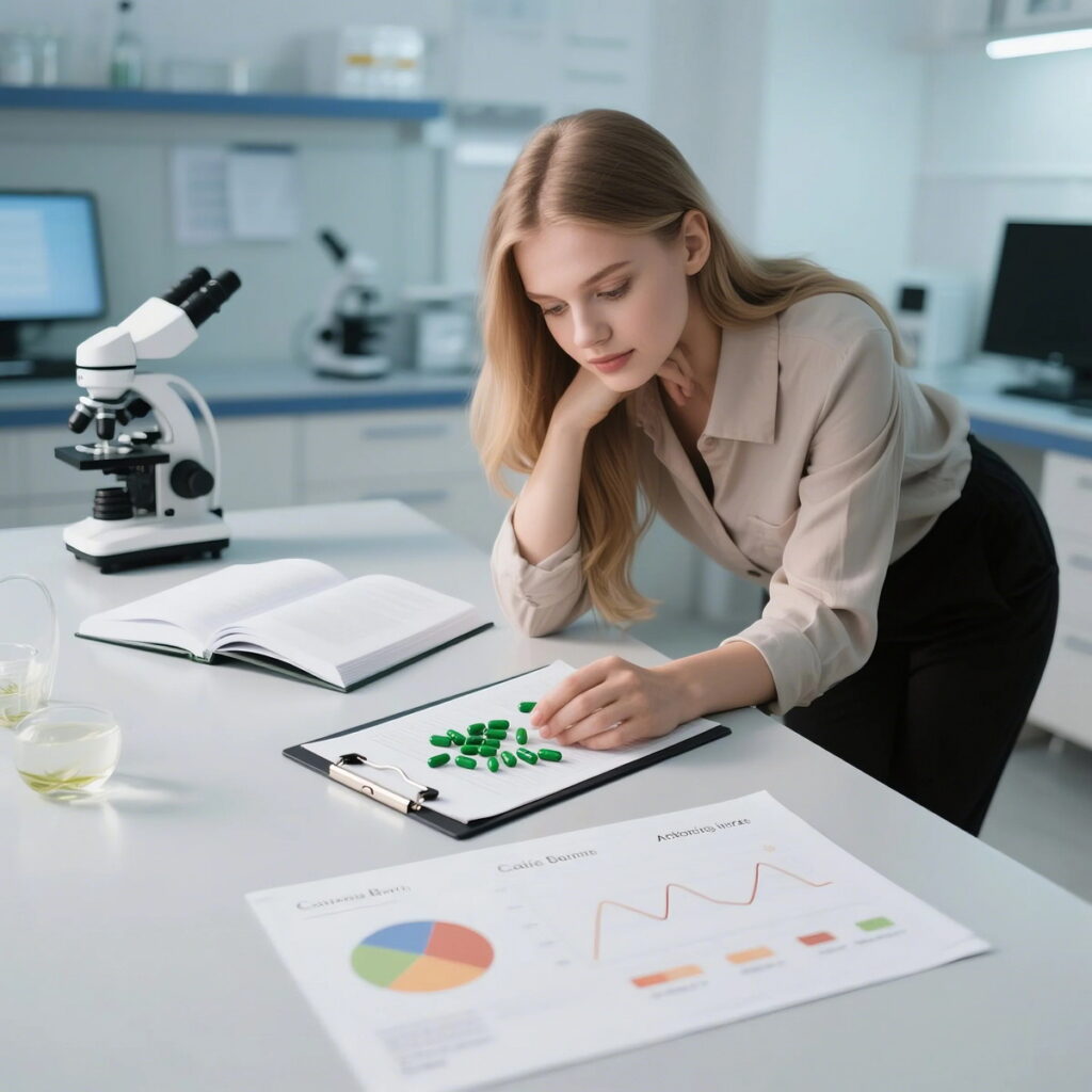 A woman in a lab studies green capsules on a clipboard. Nearby are charts, an open book, and a microscope, conveying a focused, scientific setting.