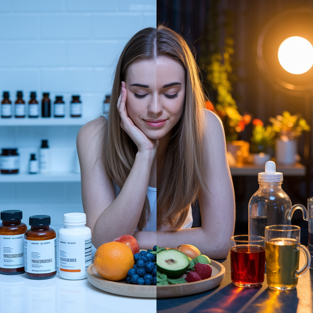 A tranquil natural scene showcasing various wholesome, whole-food alternatives to dangerous fat loss supplements. In the foreground, an array of fresh produce - crisp greens, vibrant berries, and crunchy nuts. In the middle ground, a steaming mug of herbal tea, a stack of exercise magazines, and a pair of comfortable sneakers. In the background, a serene landscape with rolling hills, a calming lake, and a clear blue sky. Warm, natural lighting casts a gentle glow over the scene, conveying a sense of health, balance, and sustainable weight management. Captured with a wide-angle lens to provide a comprehensive view of the safer, more holistic options for fat loss. A woman is smiling with eyes closed, split between two settings: left showing supplements in a sterile, blue-toned background; right showing fresh fruits, drinks, and warm lighting, conveying contrast between clinical and natural wellness.