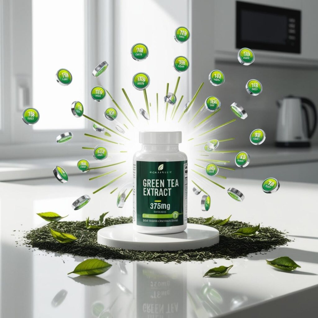 A bottle of green tea extract surrounded by vibrant green tablets and leaves, with an energetic burst effect, sits on a white kitchen counter.
