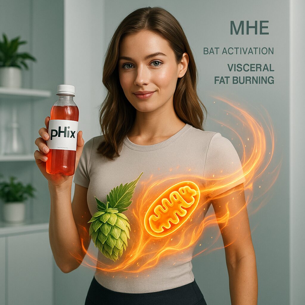A woman holds a red bottle labeled "pHix," wearing a shirt with a glowing orange mitochondria and hop leaf design. Text reads "MHE, BAT Activation, Visceral Fat Burning."