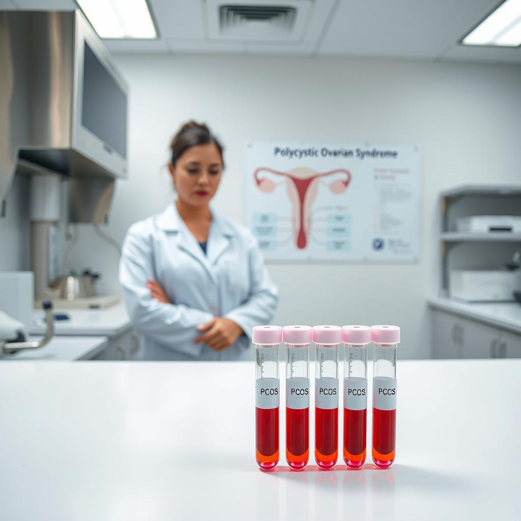 A clinical laboratory with stainless steel equipment and bright, natural lighting. In the foreground, a series of blood test tubes labeled "PCOS" sit on a pristine white counter. In the middle ground, a medical professional in a white coat carefully examines the test results, her expression thoughtful and professional. In the background, a wall-mounted display showcases a diagram of the female reproductive system, highlighting the key hormonal imbalances associated with Polycystic Ovarian Syndrome. The overall atmosphere is one of clinical precision and medical expertise, conveying the importance of proper diagnosis and understanding of this complex condition. A clinical laboratory with stainless steel equipment and bright, natural lighting. In the foreground, a series of blood test tubes labeled "PCOS" sit on a pristine white counter. In the middle ground, a medical professional in a white coat carefully examines the test results, her expression thoughtful and professional. In the background, a wall-mounted display showcases a diagram of the female reproductive system, highlighting the key hormonal imbalances associated with Polycystic Ovarian Syndrome. The overall atmosphere is one of clinical precision and medical expertise, conveying the importance of proper diagnosis and understanding of this complex condition.