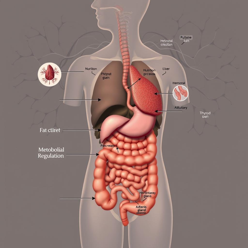 A detailed anatomical illustration depicting the metabolic processes underlying weight gain. In the foreground, a cross-section of the human torso shows the digestive system and key organs like the liver, pancreas, and adipose tissue. Arrows and diagrams highlight the pathways of nutrient absorption, glucose metabolism, and fat storage. The middle ground features a stylized visualization of hormonal regulation, with the pituitary gland, thyroid, and adrenal glands prominently displayed. In the background, a shadowy network of nerves and blood vessels interconnects the entire system, emphasizing the complex, interconnected nature of metabolism. The overall mood is one of scientific precision and clinical detachment, befitting the technical subject matter. A detailed anatomical illustration depicting the metabolic processes underlying weight gain. In the foreground, a cross-section of the human torso shows the digestive system and key organs like the liver, pancreas, and adipose tissue. Arrows and diagrams highlight the pathways of nutrient absorption, glucose metabolism, and fat storage. The middle ground features a stylized visualization of hormonal regulation, with the pituitary gland, thyroid, and adrenal glands prominently displayed. In the background, a shadowy network of nerves and blood vessels interconnects the entire system, emphasizing the complex, interconnected nature of metabolism. The overall mood is one of scientific precision and clinical detachment, befitting the technical subject matter.