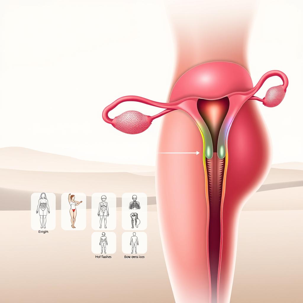 A detailed cross-section illustration showcasing the hormonal changes during menopause and their impact on the female body. In the foreground, a detailed anatomical diagram depicts the ovaries, uterus, and other reproductive organs, with fluctuating estrogen levels visually represented through vibrant hues. In the middle ground, a series of smaller illustrations highlights the physiological effects of these hormonal shifts, such as weight gain, hot flashes, and bone density loss. The background features a serene, minimalist landscape with soft, muted tones, creating a sense of balance and introspection. The lighting is soft and diffused, casting a gentle glow over the entire scene, conveying the thoughtful, educational nature of the subject matter. A detailed cross-section illustration showcasing the hormonal changes during menopause and their impact on the female body. In the foreground, a detailed anatomical diagram depicts the ovaries, uterus, and other reproductive organs, with fluctuating estrogen levels visually represented through vibrant hues. In the middle ground, a series of smaller illustrations highlights the physiological effects of these hormonal shifts, such as weight gain, hot flashes, and bone density loss. The background features a serene, minimalist landscape with soft, muted tones, creating a sense of balance and introspection. The lighting is soft and diffused, casting a gentle glow over the entire scene, conveying the thoughtful, educational nature of the subject matter.