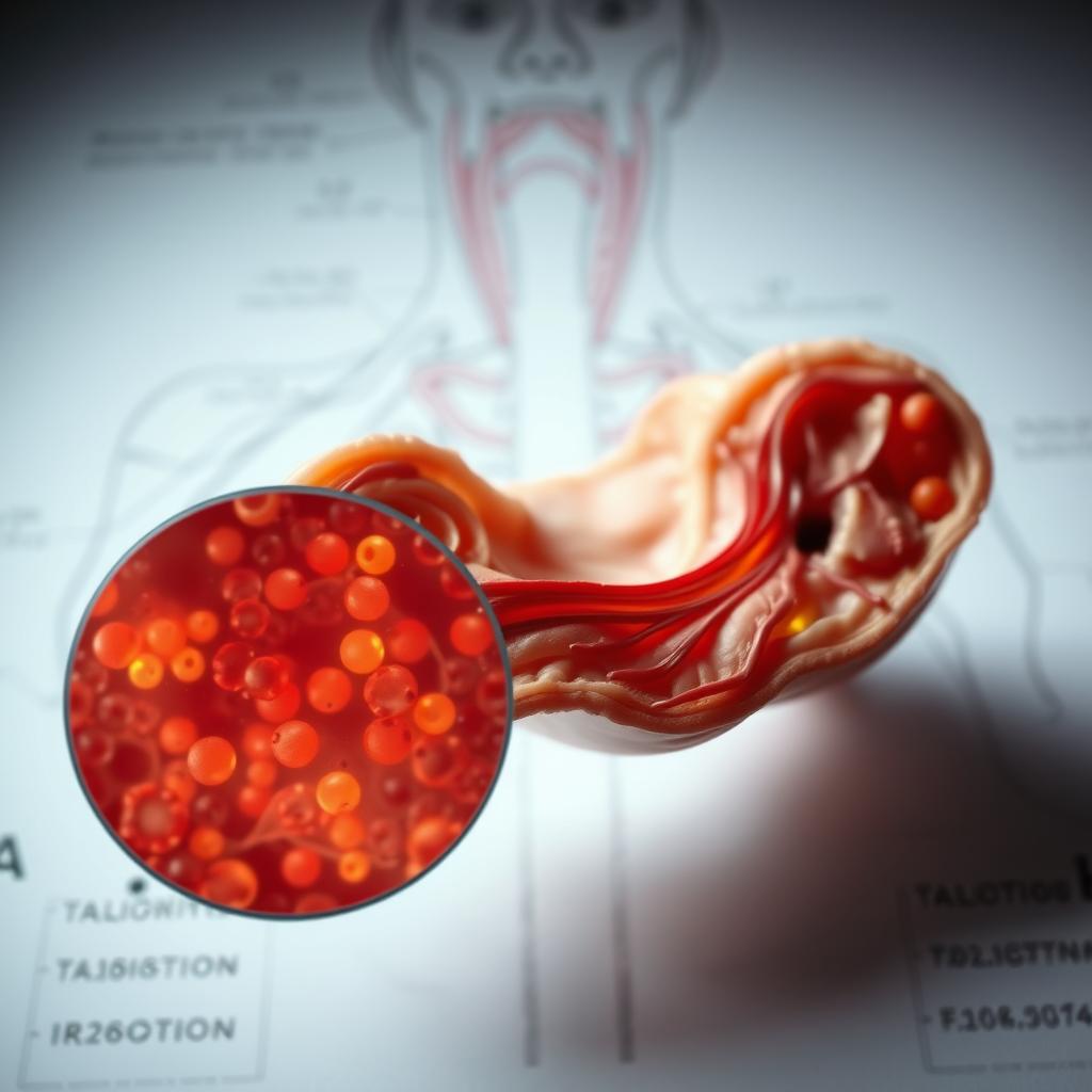 A detailed cross-section of the human thyroid gland, showcasing the complex autoimmune disorders that can affect its function. In the foreground, a magnified view of the gland's intricate internal structure, with highlighted areas of inflammation and infiltration by immune cells. The middle ground depicts the gland's surrounding tissues and blood vessels, conveying the systemic impact of these disorders. The background features a muted, technical diagram-like atmosphere, with subtle gradients and hints of anatomical references, emphasizing the medical and scientific nature of the subject. Soft, directional lighting illuminates the scene, creating depth and contrast to enhance the visual storytelling. Captured with a high-resolution, macro lens to provide a comprehensive, visually striking representation of autoimmune thyroid disorders. A detailed cross-section of the human thyroid gland, showcasing the complex autoimmune disorders that can affect its function. In the foreground, a magnified view of the gland's intricate internal structure, with highlighted areas of inflammation and infiltration by immune cells. The middle ground depicts the gland's surrounding tissues and blood vessels, conveying the systemic impact of these disorders. The background features a muted, technical diagram-like atmosphere, with subtle gradients and hints of anatomical references, emphasizing the medical and scientific nature of the subject. Soft, directional lighting illuminates the scene, creating depth and contrast to enhance the visual storytelling. Captured with a high-resolution, macro lens to provide a comprehensive, visually striking representation of autoimmune thyroid disorders.