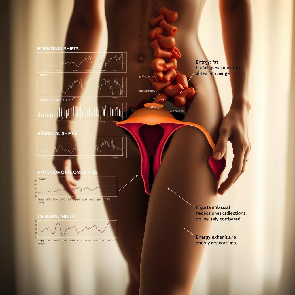 A detailed cross-sectional illustration depicting the metabolic changes occurring in the female body during the menopausal transition. The foreground showcases the hormonal shifts, with fluctuating levels of estrogen, progesterone, and FSH visually represented through dynamic graphs and charts. The middle ground highlights the physiological adaptations, such as altered fat distribution, muscle mass changes, and energy expenditure variations. The background incorporates a stylized anatomy of the female reproductive system, emphasizing the ovaries and uterus against a softly blurred backdrop. The lighting is warm and subdued, creating a contemplative mood, while the lens captures the subject matter with scientific accuracy and visual clarity. A detailed cross-sectional illustration depicting the metabolic changes occurring in the female body during the menopausal transition. The foreground showcases the hormonal shifts, with fluctuating levels of estrogen, progesterone, and FSH visually represented through dynamic graphs and charts. The middle ground highlights the physiological adaptations, such as altered fat distribution, muscle mass changes, and energy expenditure variations. The background incorporates a stylized anatomy of the female reproductive system, emphasizing the ovaries and uterus against a softly blurred backdrop. The lighting is warm and subdued, creating a contemplative mood, while the lens captures the subject matter with scientific accuracy and visual clarity.