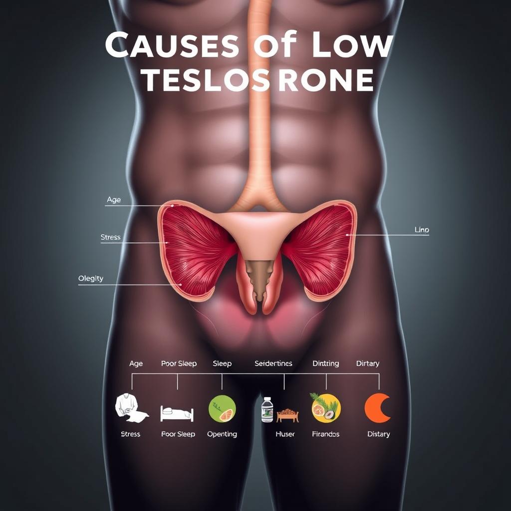 A detailed illustration of the causes of low testosterone in men, captured in a realistic, clinical style. The foreground depicts a cross-section of the male reproductive system, showcasing the testicles and highlighting the key factors that can contribute to diminished testosterone production, such as age, stress, obesity, and certain medical conditions. The middle ground features a lineup of lifestyle elements, including poor sleep, sedentary behavior, and dietary imbalances, all of which can adversely impact testosterone levels. The background comprises a muted, medical-inspired environment, conveying the seriousness and importance of addressing the root causes of low testosterone for overall health and well-being. A detailed illustration of the causes of low testosterone in men, captured in a realistic, clinical style. The foreground depicts a cross-section of the male reproductive system, showcasing the testicles and highlighting the key factors that can contribute to diminished testosterone production, such as age, stress, obesity, and certain medical conditions. The middle ground features a lineup of lifestyle elements, including poor sleep, sedentary behavior, and dietary imbalances, all of which can adversely impact testosterone levels. The background comprises a muted, medical-inspired environment, conveying the seriousness and importance of addressing the root causes of low testosterone for overall health and well-being.