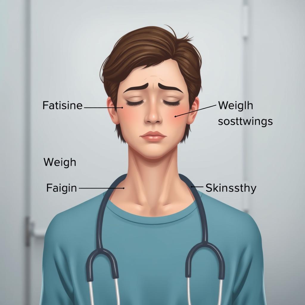 A detailed medical illustration of the common symptoms associated with thyroid hormone imbalance. A central figure depicting a person experiencing fatigue, weight changes, mood swings, and skin sensitivity, set against a clean, clinical backdrop. Crisp lighting highlights the subject's features, with a depth of field that gently blurs the background. The composition conveys a sense of objective analysis, as if examining a patient case study. Muted colors and subtle textures create a professional, educational tone befitting a medical reference guide. A detailed medical illustration of the common symptoms associated with thyroid hormone imbalance. A central figure depicting a person experiencing fatigue, weight changes, mood swings, and skin sensitivity, set against a clean, clinical backdrop. Crisp lighting highlights the subject's features, with a depth of field that gently blurs the background. The composition conveys a sense of objective analysis, as if examining a patient case study. Muted colors and subtle textures create a professional, educational tone befitting a medical reference guide.