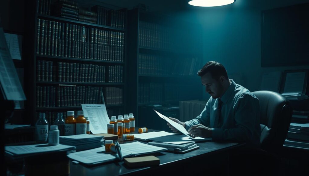A dimly lit office, with a desk cluttered with legal documents, prescription bottles, and a shadowy figure poring over a spreadsheet. In the background, a towering bookshelf filled with obscure legal volumes casts a somber, ominous atmosphere. The lighting is harsh, casting deep shadows that conceal the figure's face, hinting at the murky legal loopholes they are exploiting. The scene conveys a sense of unease, as if the viewer is privy to a secret world of questionable practices within the supplement industry. A dimly lit office, with a desk cluttered with legal documents, prescription bottles, and a shadowy figure poring over a spreadsheet. In the background, a towering bookshelf filled with obscure legal volumes casts a somber, ominous atmosphere. The lighting is harsh, casting deep shadows that conceal the figure's face, hinting at the murky legal loopholes they are exploiting. The scene conveys a sense of unease, as if the viewer is privy to a secret world of questionable practices within the supplement industry.