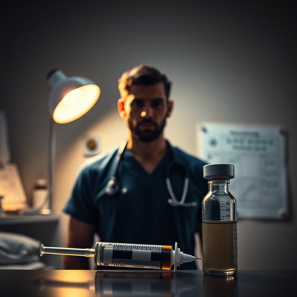 A masculine figure stands in a dimly lit medical office, the warm glow of a doctor's desk lamp casting a soft light across his face. In the foreground, a syringe and vial of medication symbolize the process of testosterone replacement therapy. The middle ground features medical equipment and charts, hinting at the scientific and clinical nature of the treatment. The background fades into a subtle, neutral-toned space, allowing the central focus to remain on the patient and the treatment being administered. The overall mood is one of seriousness and professionalism, reflecting the gravity of the medical decision to undergo TRT. A masculine figure stands in a dimly lit medical office, the warm glow of a doctor's desk lamp casting a soft light across his face. In the foreground, a syringe and vial of medication symbolize the process of testosterone replacement therapy. The middle ground features medical equipment and charts, hinting at the scientific and clinical nature of the treatment. The background fades into a subtle, neutral-toned space, allowing the central focus to remain on the patient and the treatment being administered. The overall mood is one of seriousness and professionalism, reflecting the gravity of the medical decision to undergo TRT.