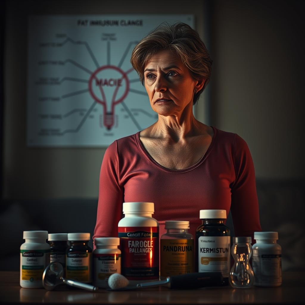 A menopausal woman stands in a dimly lit room, her expression pensive. The middle-ground features a series of weight loss supplements and tools, representing the challenges she faces. In the background, a complex diagram illustrates the science behind hormonal changes and their impact on fat metabolism. Soft, warm lighting casts a somber mood, conveying the difficulty of this transition. The scene is captured with a shallow depth of field, drawing the viewer's attention to the woman's contemplative gaze. This image aims to visually encapsulate the scientific and emotional aspects of menopause-related fat loss challenges. A menopausal woman stands in a dimly lit room, her expression pensive. The middle-ground features a series of weight loss supplements and tools, representing the challenges she faces. In the background, a complex diagram illustrates the science behind hormonal changes and their impact on fat metabolism. Soft, warm lighting casts a somber mood, conveying the difficulty of this transition. The scene is captured with a shallow depth of field, drawing the viewer's attention to the woman's contemplative gaze. This image aims to visually encapsulate the scientific and emotional aspects of menopause-related fat loss challenges.