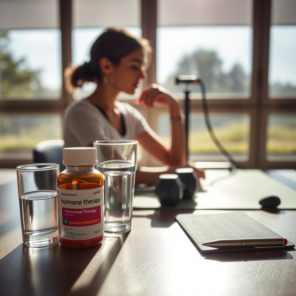 A serene, well-lit scene depicting a woman sitting at a table, deep in thought. In the foreground, a glass of water and a bottle of hormone therapy medication sit alongside a notebook and pen, symbolizing the management of hormonal changes. The middle ground features a set of free weights and a yoga mat, hinting at the importance of weight management through exercise. The background showcases a tranquil outdoor view, with natural lighting filtering through large windows, creating a calming atmosphere. The overall mood is one of contemplation and balance, reflecting the subject's journey through hormonal changes and weight management. A serene, well-lit scene depicting a woman sitting at a table, deep in thought. In the foreground, a glass of water and a bottle of hormone therapy medication sit alongside a notebook and pen, symbolizing the management of hormonal changes. The middle ground features a set of free weights and a yoga mat, hinting at the importance of weight management through exercise. The background showcases a tranquil outdoor view, with natural lighting filtering through large windows, creating a calming atmosphere. The overall mood is one of contemplation and balance, reflecting the subject's journey through hormonal changes and weight management.