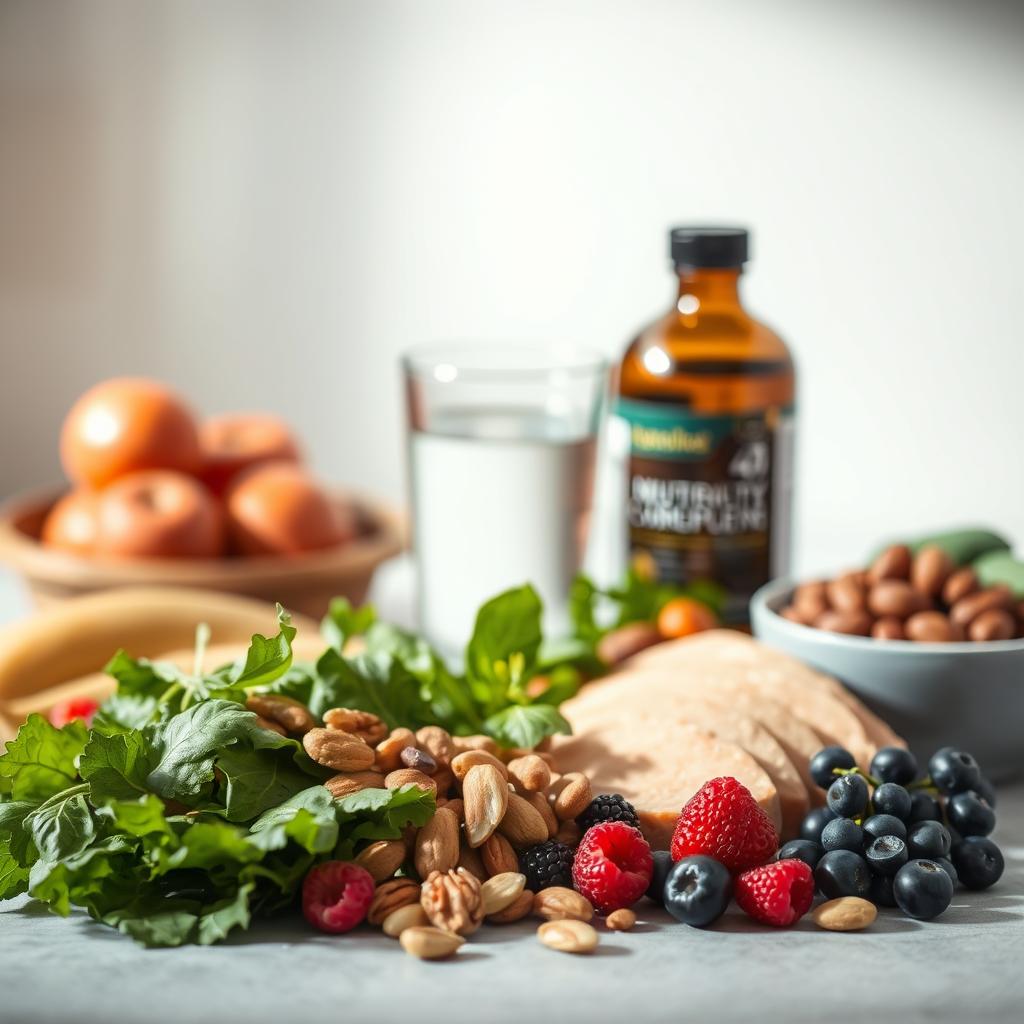 A softly lit, minimalist still life capturing the essentials of a nutrition-focused menopausal regime. In the foreground, an array of whole, nutrient-dense foods - leafy greens, berries, nuts, and lean protein sources. Mid-frame, a glass of water and a natural supplement bottle, conveying a holistic approach. The background is subtly blurred, keeping the focus on the central elements. The lighting is warm and diffuse, evoking a sense of calm and balance. The overall composition is clean and elegant, reflecting the wisdom and care required to navigate hormonal changes during menopause. A softly lit, minimalist still life capturing the essentials of a nutrition-focused menopausal regime. In the foreground, an array of whole, nutrient-dense foods - leafy greens, berries, nuts, and lean protein sources. Mid-frame, a glass of water and a natural supplement bottle, conveying a holistic approach. The background is subtly blurred, keeping the focus on the central elements. The lighting is warm and diffuse, evoking a sense of calm and balance. The overall composition is clean and elegant, reflecting the wisdom and care required to navigate hormonal changes during menopause.