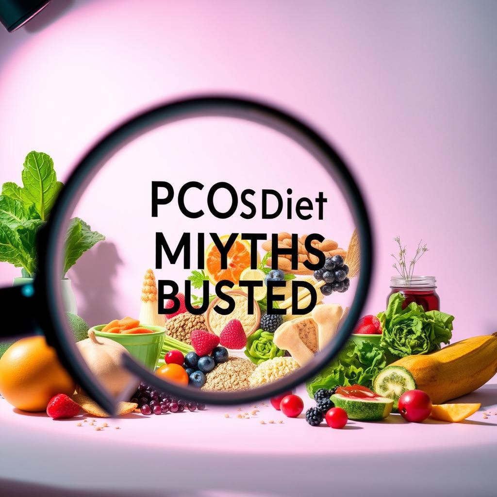 A vibrant and thought-provoking illustration of "PCOS diet myths busted". In the foreground, a magnifying glass hovers over various food items, exposing the truth behind common misconceptions about PCOS-friendly diets. The middle ground features a collage of healthy, diverse ingredients - leafy greens, berries, whole grains, and lean proteins - artfully arranged to convey the nutritional balance essential for PCOS management. The background showcases a soft, pastel-hued gradient, creating a calming, introspective atmosphere. Dramatic, directional lighting casts subtle shadows, heightening the sense of revelation and discovery. The overall composition invites the viewer to challenge preconceptions and embrace a holistic, evidence-based approach to PCOS and weight management. A vibrant and thought-provoking illustration of "PCOS diet myths busted". In the foreground, a magnifying glass hovers over various food items, exposing the truth behind common misconceptions about PCOS-friendly diets. The middle ground features a collage of healthy, diverse ingredients - leafy greens, berries, whole grains, and lean proteins - artfully arranged to convey the nutritional balance essential for PCOS management. The background showcases a soft, pastel-hued gradient, creating a calming, introspective atmosphere. Dramatic, directional lighting casts subtle shadows, heightening the sense of revelation and discovery. The overall composition invites the viewer to challenge preconceptions and embrace a holistic, evidence-based approach to PCOS and weight management.