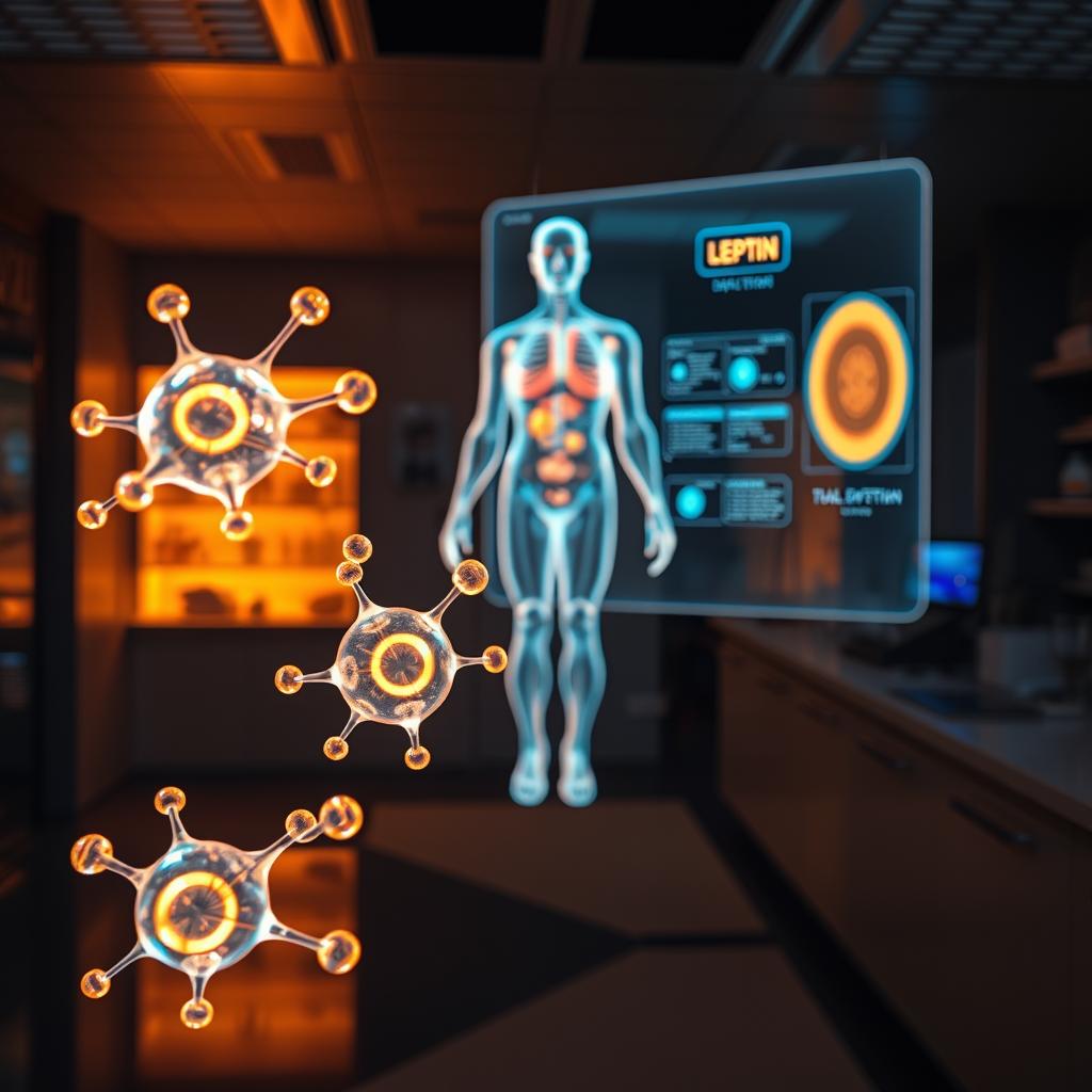 A vibrant holographic display floats in a dimly lit laboratory, showcasing the intricate mechanisms and misconceptions surrounding leptin supplements. The foreground features a series of transparent, glowing molecules pulsing with energy, representing the complex hormonal interactions. In the middle ground, a floating 3D model of the human body highlights key areas affected by leptin, while the background depicts a sleek, futuristic workspace with scientific instruments and holographic interfaces. Warm, directional lighting casts dramatic shadows, emphasizing the depth and technicality of the scene. The overall atmosphere conveys a sense of scientific enlightenment, dispelling the myths surrounding leptin supplements through a visually captivating and informative display. A vibrant holographic display floats in a dimly lit laboratory, showcasing the intricate mechanisms and misconceptions surrounding leptin supplements. The foreground features a series of transparent, glowing molecules pulsing with energy, representing the complex hormonal interactions. In the middle ground, a floating 3D model of the human body highlights key areas affected by leptin, while the background depicts a sleek, futuristic workspace with scientific instruments and holographic interfaces. Warm, directional lighting casts dramatic shadows, emphasizing the depth and technicality of the scene. The overall atmosphere conveys a sense of scientific enlightenment, dispelling the myths surrounding leptin supplements through a visually captivating and informative display.