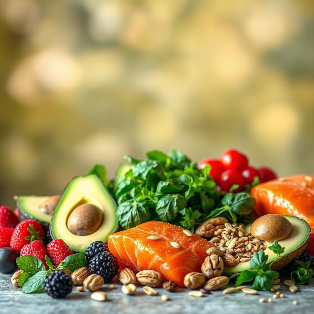 A vibrant still life set against a softly blurred, natural backdrop. In the foreground, an array of nutrient-dense, leptin-friendly foods are artfully arranged: fresh berries, leafy greens, avocado, salmon, nuts, and seeds. The lighting is soft and warm, highlighting the colors and textures of the ingredients. The composition is balanced and visually appealing, conveying a sense of health, wellness, and hormonal harmony. The image evokes a feeling of simplicity and mindfulness, suggesting the power of a leptin-optimized diet to support metabolic regulation and overall wellbeing. A vibrant still life set against a softly blurred, natural backdrop. In the foreground, an array of nutrient-dense, leptin-friendly foods are artfully arranged: fresh berries, leafy greens, avocado, salmon, nuts, and seeds. The lighting is soft and warm, highlighting the colors and textures of the ingredients. The composition is balanced and visually appealing, conveying a sense of health, wellness, and hormonal harmony. The image evokes a feeling of simplicity and mindfulness, suggesting the power of a leptin-optimized diet to support metabolic regulation and overall wellbeing.