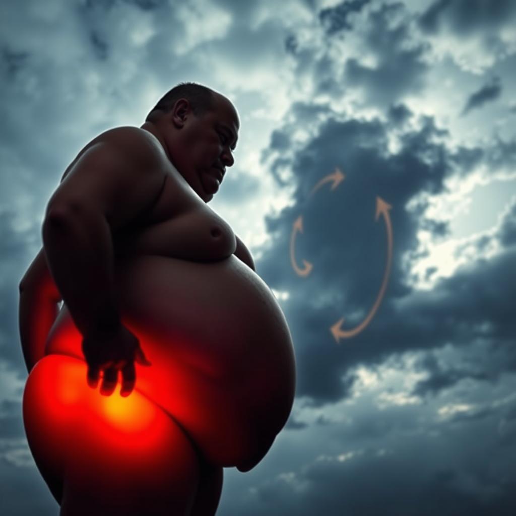 An obese human figure with a glowing red abdomen, symbolizing leptin resistance, is shown in the foreground. In the middle ground, a cycle of various stages of obesity is depicted, with an arrow indicating the recurring nature of the condition. The background features a cloudy, distorted sky, suggesting the complex and challenging nature of the leptin resistance and obesity cycle. The lighting is dramatic, with shadows and highlights accentuating the central figure's features. The overall atmosphere conveys a sense of unease and the difficulty in breaking the cycle of leptin resistance and obesity. An obese human figure with a glowing red abdomen, symbolizing leptin resistance, is shown in the foreground. In the middle ground, a cycle of various stages of obesity is depicted, with an arrow indicating the recurring nature of the condition. The background features a cloudy, distorted sky, suggesting the complex and challenging nature of the leptin resistance and obesity cycle. The lighting is dramatic, with shadows and highlights accentuating the central figure's features. The overall atmosphere conveys a sense of unease and the difficulty in breaking the cycle of leptin resistance and obesity.