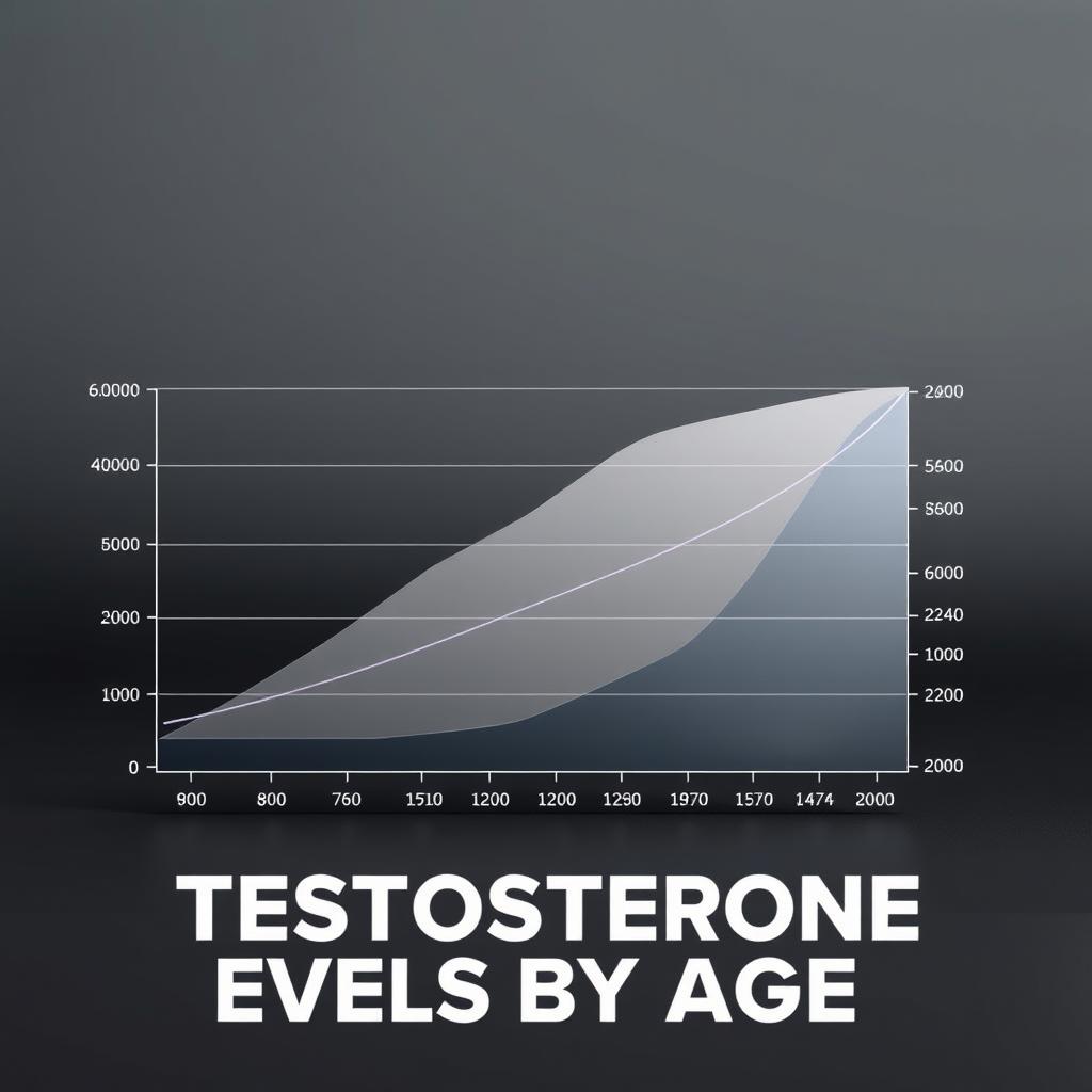 Detailed 3D visualization of "Testosterone Levels by Age" chart. High contrast with soft lighting, sharp focus. Solid background with subtle gradients. Foreground contains a precise, data-driven line graph illustrating testosterone levels in men across different age ranges. Overlapping transparent curves show average, high, and low ranges for healthy testosterone. Graph elements are clean, well-labeled, and easy to interpret. Minimal but effective use of colors to highlight key data points. Overall aesthetic is informative, visually striking, and aligned with the subject matter of "Normal Testosterone Levels: What's Healthy?" Detailed 3D visualization of "Testosterone Levels by Age" chart. High contrast with soft lighting, sharp focus. Solid background with subtle gradients. Foreground contains a precise, data-driven line graph illustrating testosterone levels in men across different age ranges. Overlapping transparent curves show average, high, and low ranges for healthy testosterone. Graph elements are clean, well-labeled, and easy to interpret. Minimal but effective use of colors to highlight key data points. Overall aesthetic is informative, visually striking, and aligned with the subject matter of "Normal Testosterone Levels: What's Healthy?"