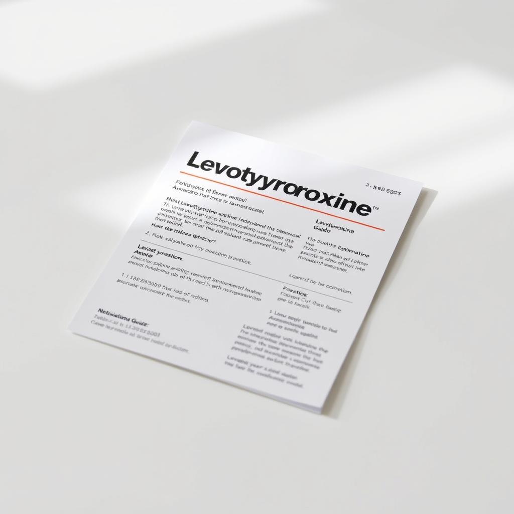 Detailed high-resolution image of a levothyroxine medication guide laid out on a clean, bright surface with soft natural lighting. The guide has a minimalist design with a bold title, clear instructions, and key information about the medication. The background is a neutral, slightly blurred white to keep the focus on the guide. The overall scene conveys a sense of clarity, professionalism, and ease of understanding for the viewer. Detailed high-resolution image of a levothyroxine medication guide laid out on a clean, bright surface with soft natural lighting. The guide has a minimalist design with a bold title, clear instructions, and key information about the medication. The background is a neutral, slightly blurred white to keep the focus on the guide. The overall scene conveys a sense of clarity, professionalism, and ease of understanding for the viewer.