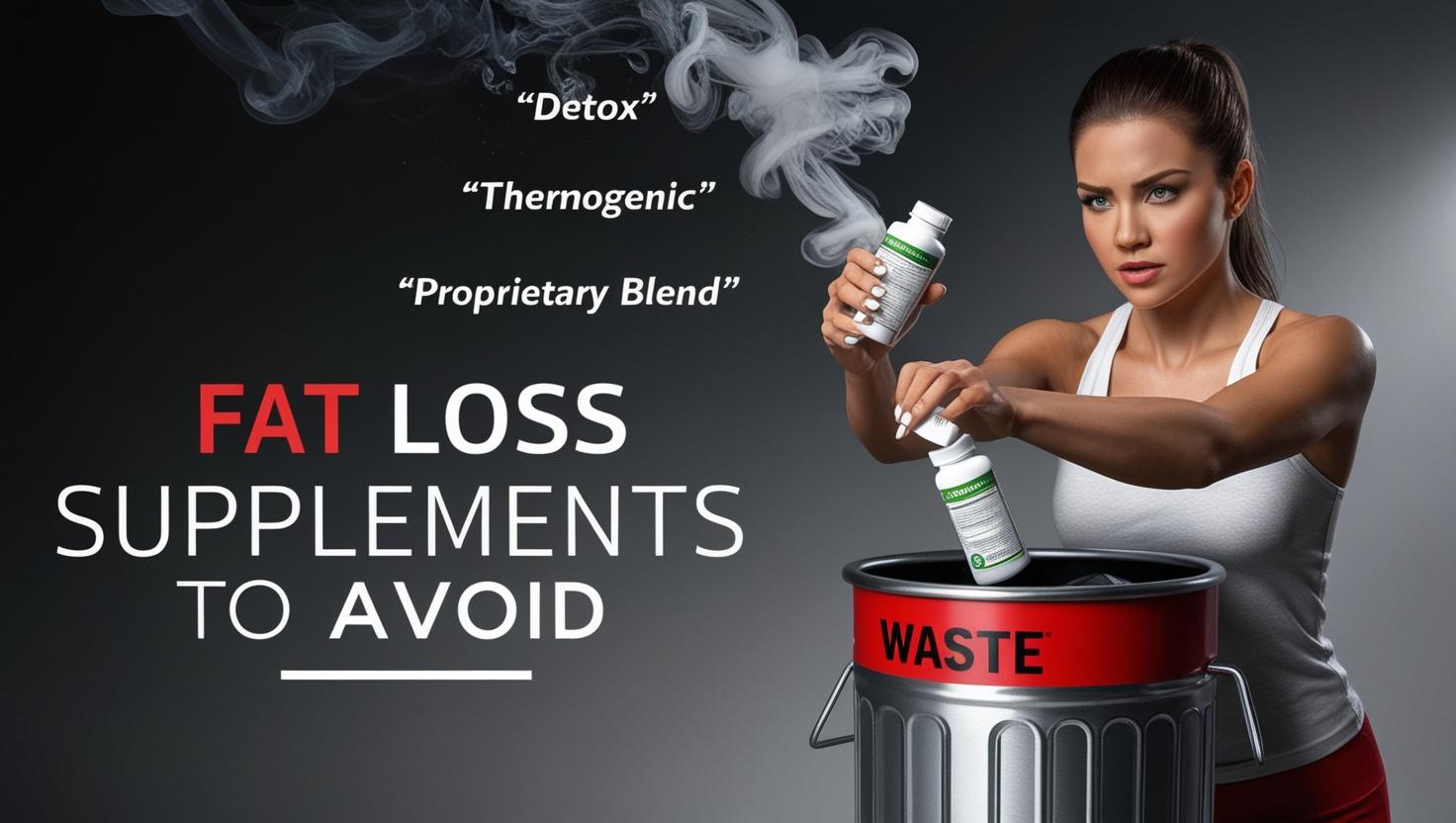 A woman in a white tank top is discarding supplement bottles labeled "Detox," "Thermogenic," and "Proprietary Blend" into a trash bin marked "Waste." Text reads "Fat Loss Supplements to Avoid." The mood is critical and cautionary.