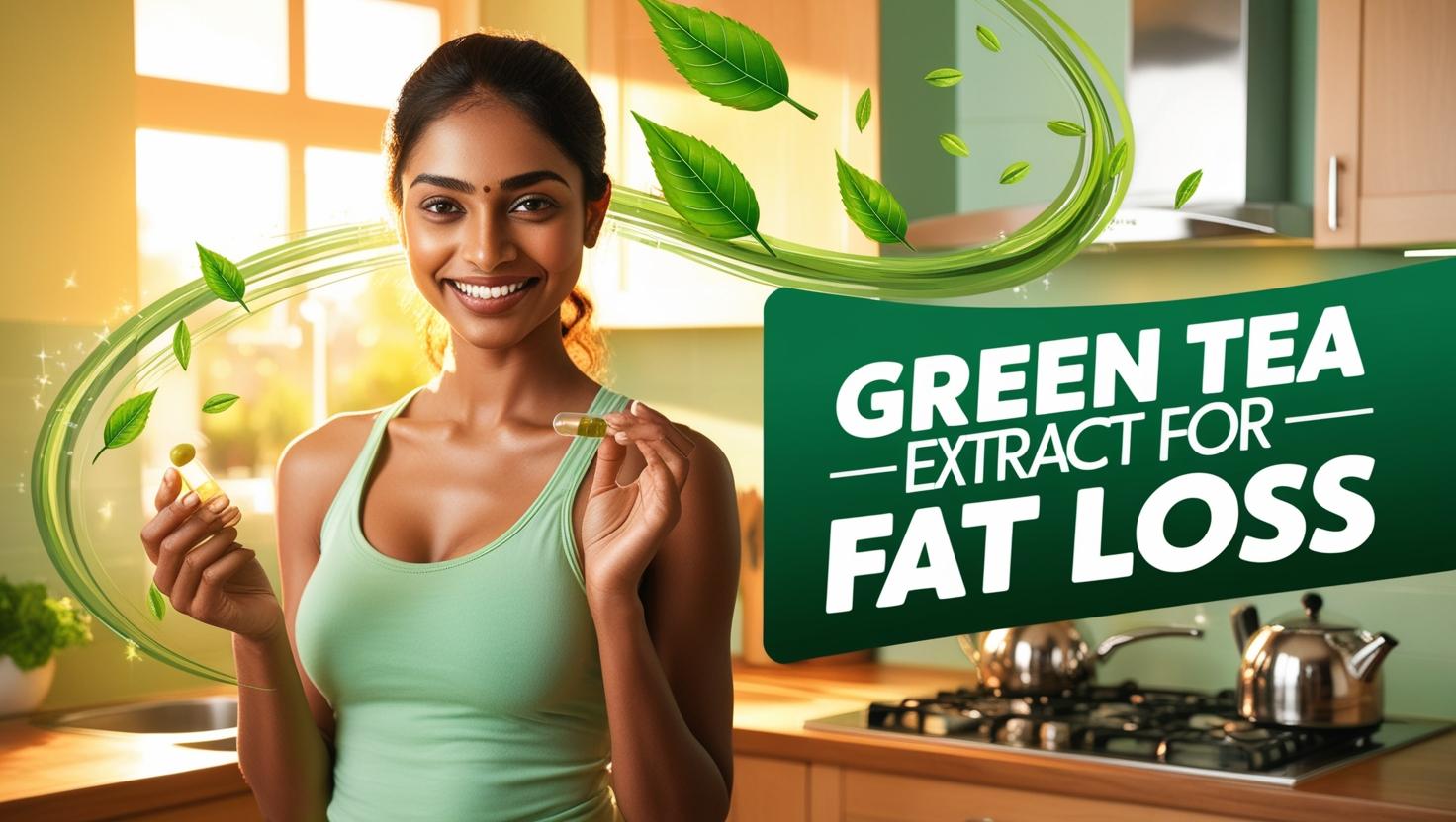 Smiling woman in a bright kitchen holding a green tea extract capsule. Green leaves swirl around her with text: "Green Tea Extract for Fat Loss."