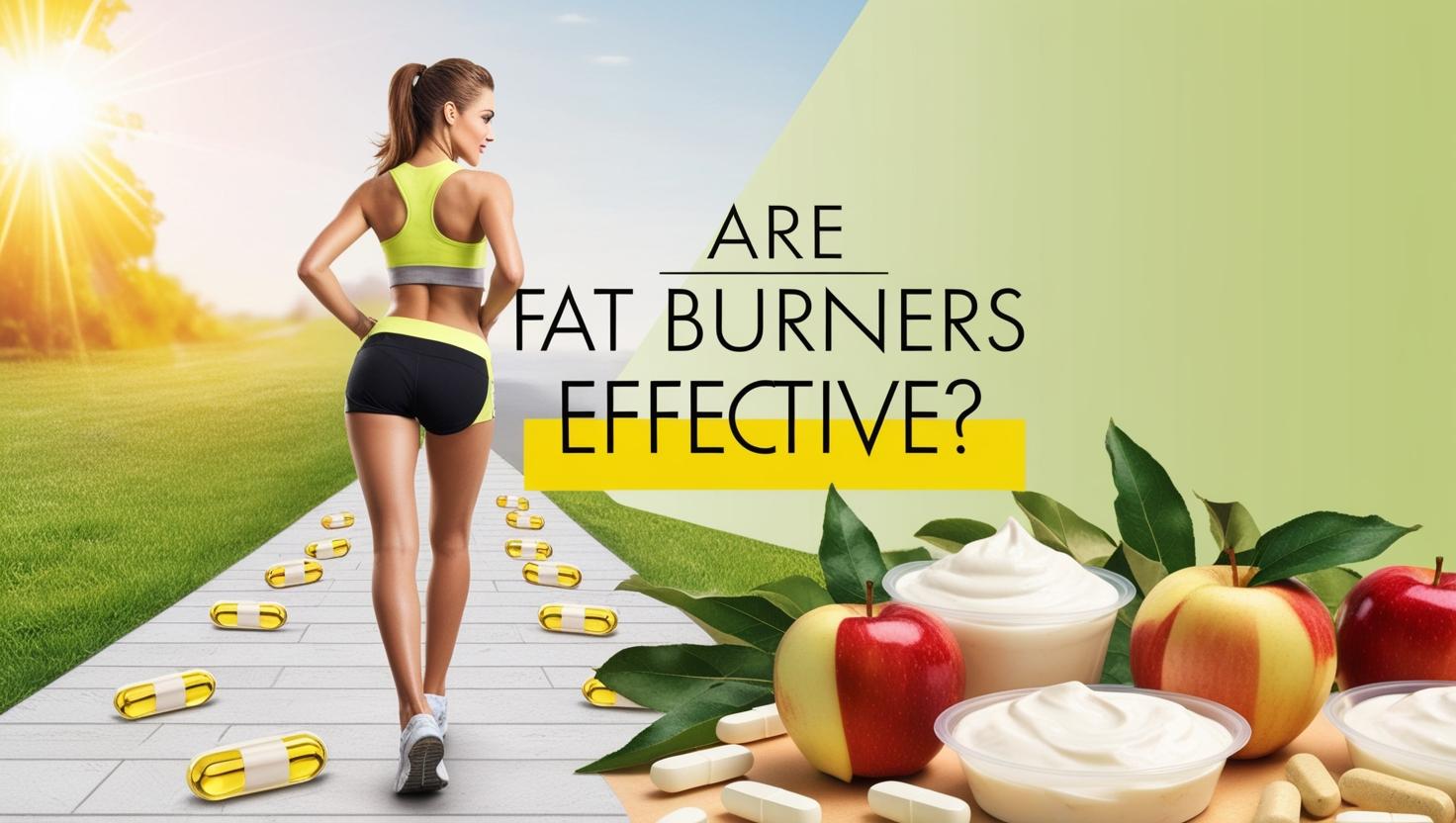 Woman in athletic wear jogs on a sunny path lined with supplement capsules; text reads, "Are Fat Burners Effective?" Apples, leaves, and yogurt cups are in the foreground.