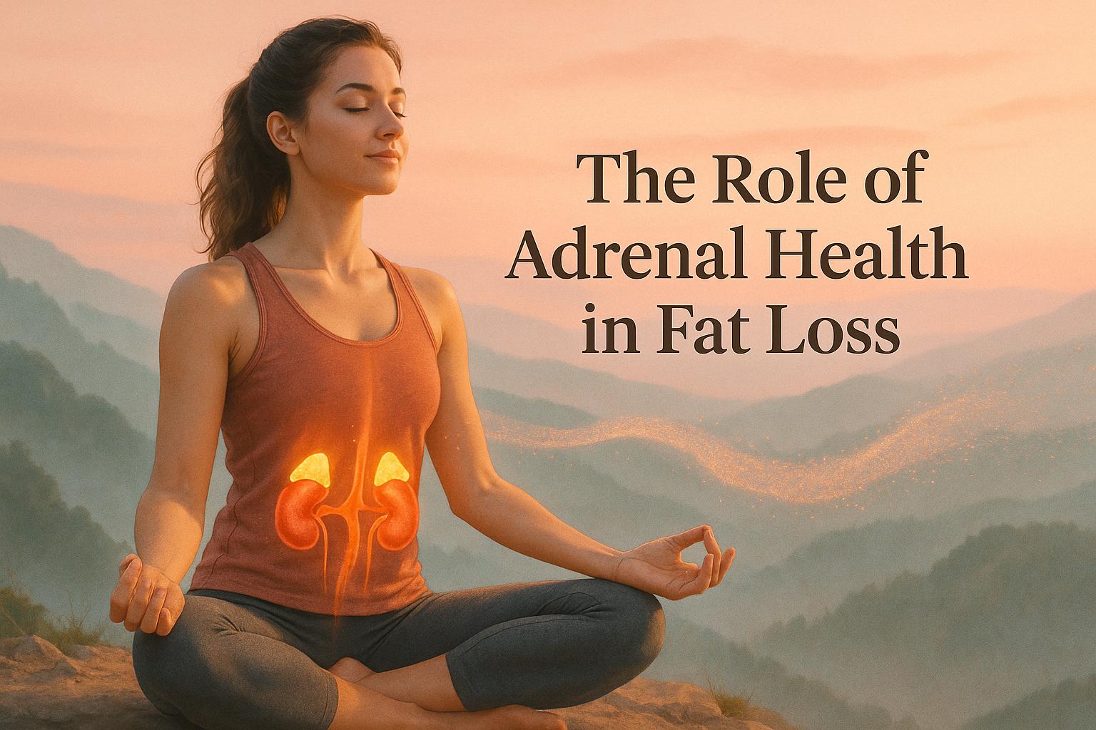 A woman meditates on a mountaintop at sunrise, with kidneys illustrated on her shirt. Text beside her reads, "The Role of Adrenal Health in Fat Loss."