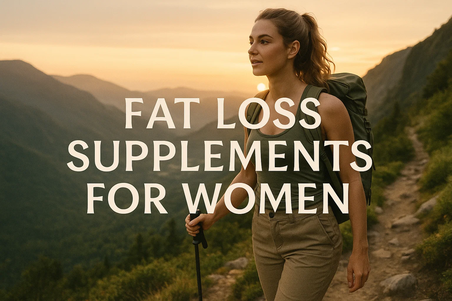 A woman hikes on a scenic mountain trail at sunset, exuding determination. Text overlay reads, "Fat Loss Supplements for Women." The mood is empowering.
