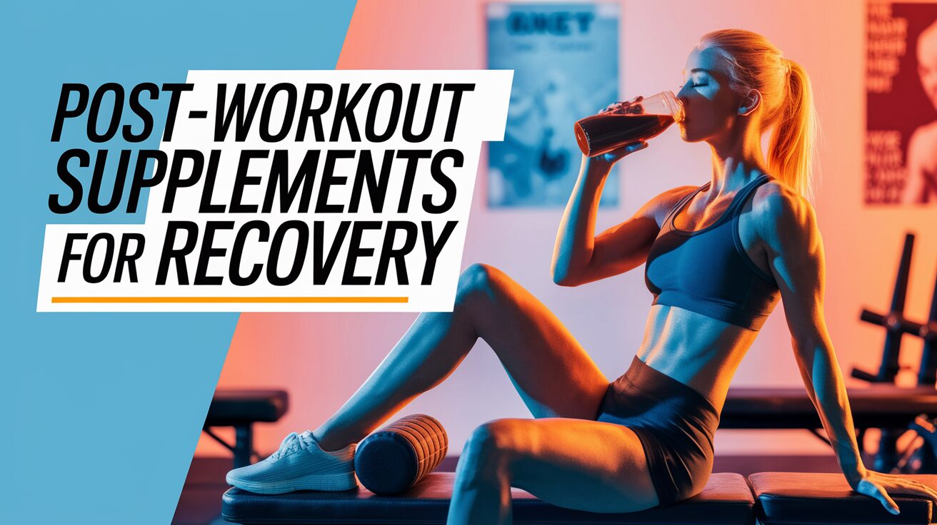 A fit woman in athletic wear drinks a shake while sitting on a gym bench with a foam roller. Text reads "Post-Workout Supplements for Recovery."