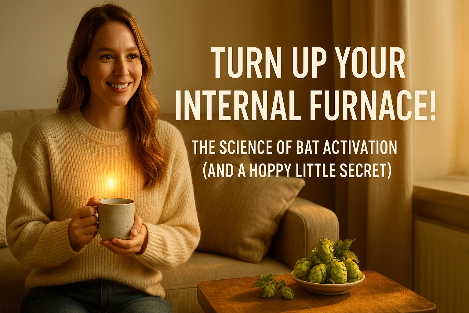 A smiling woman holds a glowing mug, sitting on a beige couch. Text reads "Turn Up Your Internal Furnace!" with hops on a table nearby. Cozy and inviting.