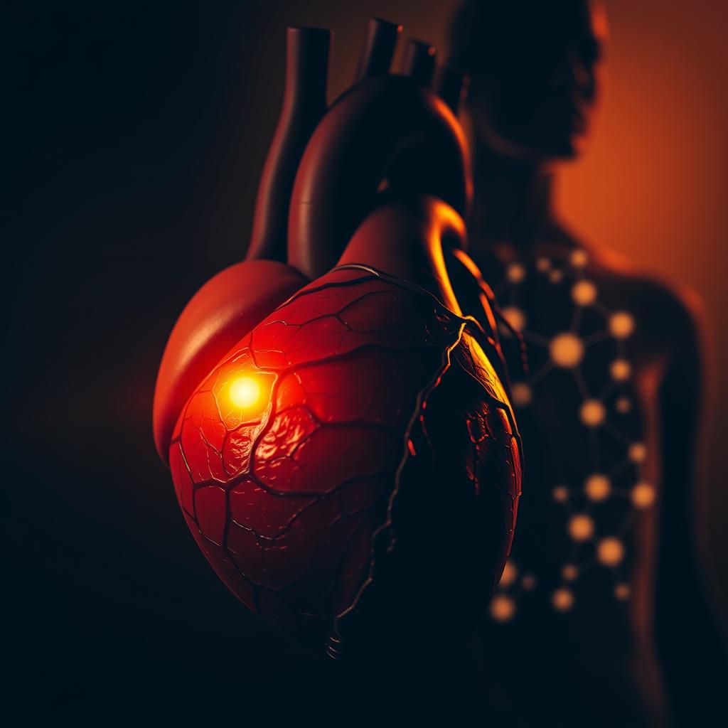 High-contrast closeup of a human heart with visible veins and arteries, bathed in warm, golden light from the left side. In the background, a hazy silhouette of a human figure representing the endocrine system, with glowing orbs representing hormones flowing through the body. The composition emphasizes the interconnection between cardiovascular health and hormonal regulation, creating a sense of visual harmony and balance. Moody, atmospheric lighting and a slightly desaturated color palette evoke the pensive, introspective tone of the article's subject matter. High-contrast closeup of a human heart with visible veins and arteries, bathed in warm, golden light from the left side. In the background, a hazy silhouette of a human figure representing the endocrine system, with glowing orbs representing hormones flowing through the body. The composition emphasizes the interconnection between cardiovascular health and hormonal regulation, creating a sense of visual harmony and balance. Moody, atmospheric lighting and a slightly desaturated color palette evoke the pensive, introspective tone of the article's subject matter.