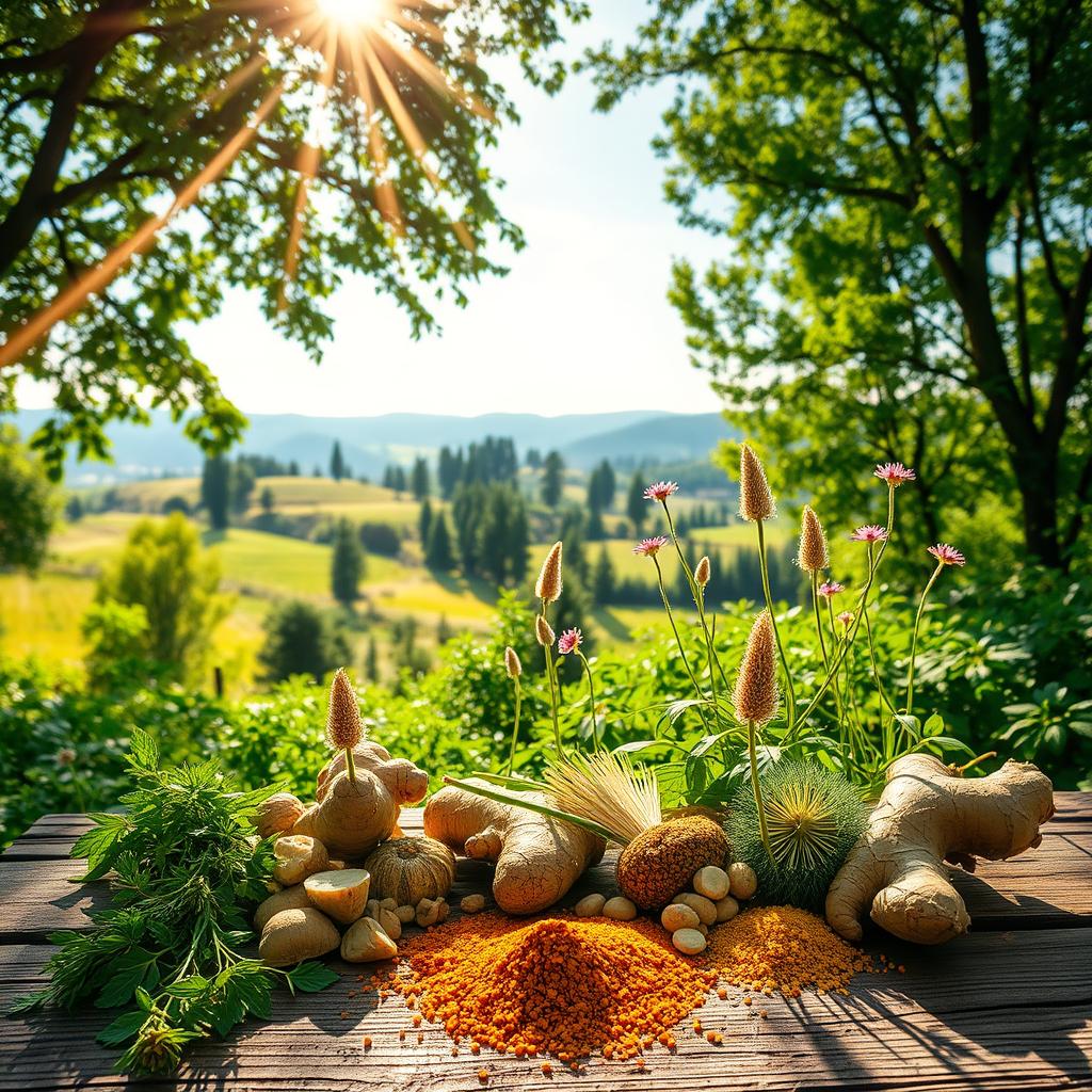 Lush, verdant outdoor scene with an abundance of natural herbs and plants known for their testosterone-boosting properties. Sunlight streams through the canopy, casting a warm, golden glow across the scene. In the foreground, a carefully curated assortment of ingredients such as ashwagandha, ginger, fenugreek, and pine pollen lay atop a rustic wooden table. The middle ground features thriving plants and herbs, their vibrant greens and delicate flowers swaying gently in a light breeze. In the background, a serene landscape with rolling hills, towering trees, and a clear blue sky creates a sense of tranquility and connection to nature. The overall composition and lighting evoke a feeling of vitality, wellness, and the power of natural remedies. Lush, verdant outdoor scene with an abundance of natural herbs and plants known for their testosterone-boosting properties. Sunlight streams through the canopy, casting a warm, golden glow across the scene. In the foreground, a carefully curated assortment of ingredients such as ashwagandha, ginger, fenugreek, and pine pollen lay atop a rustic wooden table. The middle ground features thriving plants and herbs, their vibrant greens and delicate flowers swaying gently in a light breeze. In the background, a serene landscape with rolling hills, towering trees, and a clear blue sky creates a sense of tranquility and connection to nature. The overall composition and lighting evoke a feeling of vitality, wellness, and the power of natural remedies.