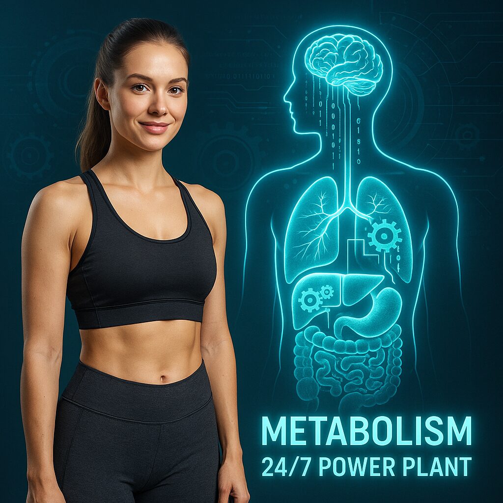A detailed illustration of basal metabolic rate, featuring a well-lit and anatomically accurate human body in a relaxed, contemplative pose. The foreground should clearly display the major organs and systems involved in metabolism, such as the liver, digestive tract, and skeletal muscle, with color-coded highlights to denote their respective roles. The middle ground should depict a sleek, minimalist visual representation of the BMR formula, presented in a clean, data-driven style. The background should convey a sense of scientific exploration, with subtle geometric patterns, graph-like elements, and muted tones that complement the overall aesthetic. The lighting should be soft and directional, creating depth and highlighting the key features of the illustration. A smiling woman in athletic wear stands next to a glowing silhouette showing internal organs and gears, representing metabolism. Text reads "Metabolism: 24/7 Power Plant."