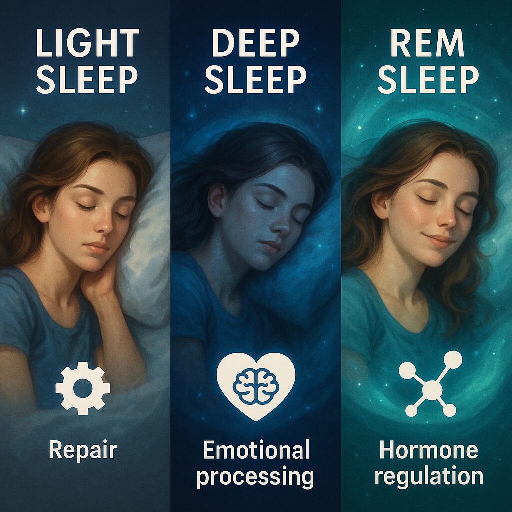 A detailed scientific illustration of the REM sleep cycle, showcasing the distinctive brain wave patterns, rapid eye movements, and physiological changes that characterize this critical stage of the sleep architecture. The image should have a clinical, technical aesthetic, with a neutral color palette and precise, technical renderings of the various sleep stages. Capture the progression from light sleep to deep sleep to REM, using a cutaway or cross-sectional view of the brain to highlight the neural activity. Incorporate subtle soft lighting from above, casting delicate shadows to emphasize the three-dimensional forms. Render the image with a high level of photorealistic detail, using a combination of digital painting and 3D modeling techniques to create a visually engaging and informative scientific diagram. Three-panel illustration showing a woman peacefully sleeping, each labeled: "Light Sleep" with a gear for repair, "Deep Sleep" with a heart for emotional processing, and "REM Sleep" with a molecule for hormone regulation. Each panel has a serene, restful tone.