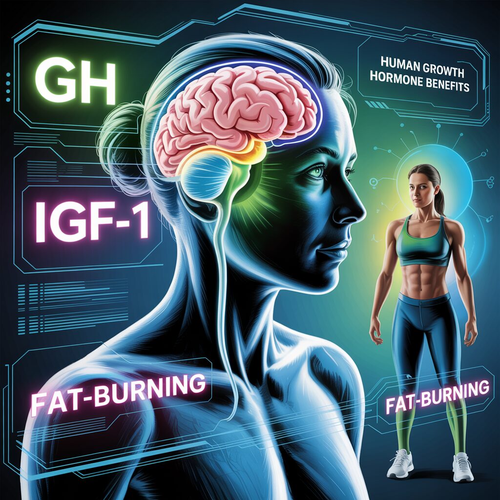 A detailed illustration depicting the relationship between growth hormone (GH) and fat metabolism. In the foreground, a magnified view of a fat cell, its membrane highlighted, with GH molecules binding to receptors on the surface. In the middle ground, a cross-section of muscle tissue, showing the effects of GH on lipolysis and the release of free fatty acids. In the background, a metabolic pathway diagram, illustrating the cascade of hormonal and enzymatic reactions that lead to increased fat burning under the influence of GH. Soft, warm lighting accentuates the biological processes, creating a sense of scientific exploration and discovery. Rendered in a realistic, detailed style using a wide-angle lens to capture the interplay of scale and complexity. Illustration of a muscular woman in athletic wear overlaid with a brain diagram. Text highlights "GH," "IGF-1," and "Fat-Burning." Futuristic, empowering tone.