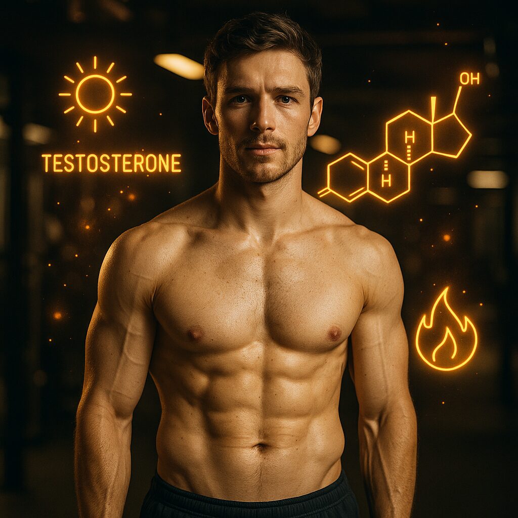 A muscular male torso against a clean, white background. The skin glistens with a healthy sheen, highlighting the intricate network of veins and the definition of the abdominal muscles. In the center, a glowing, pulsating orb represents the power of testosterone, its energy radiating outward and interacting with a series of intricate pathways and processes. These are depicted as flowing, interconnected lines and shapes, illustrating the complex relationship between testosterone and metabolism. The lighting is soft and directional, casting subtle shadows that add depth and drama to the scene. The overall mood is one of scientific precision and physiological wonder, inviting the viewer to explore the hidden mechanisms that govern fat loss in men. Muscular man with a serious expression, surrounded by glowing symbols for testosterone, a chemical formula, and a flame, conveying strength and energy.