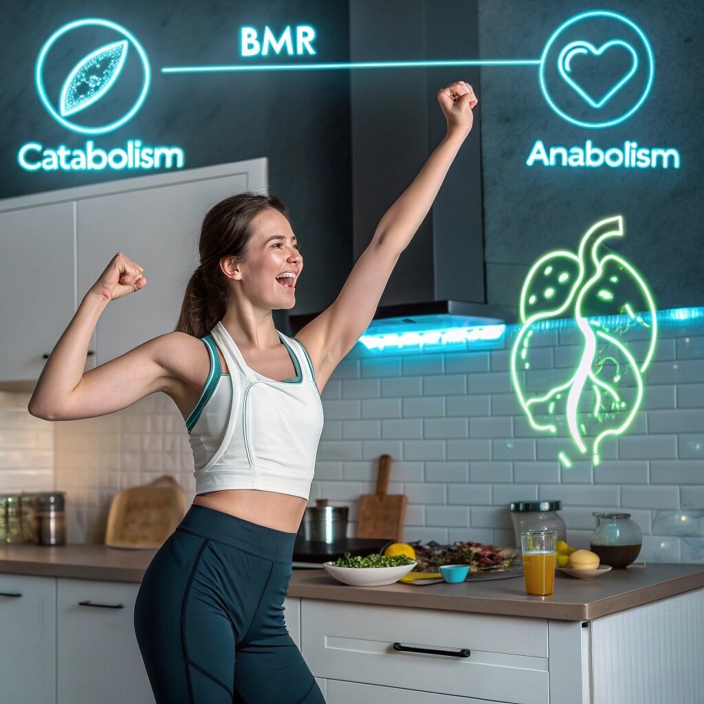 A striking, high-contrast image depicting the duality of catabolism and anabolism within the process of metabolism. In the foreground, a central figure represents the catabolic phase - a dynamic breakdown of complex molecules, visualized as swirling energy and vibrant colors. Flanking this, two complementary figures symbolize the anabolic phase - a structured, orderly assembly of new molecules, rendered in more muted tones. The background showcases a grid-like arrangement of molecular structures, highlighting the interconnected, cyclical nature of these fundamental metabolic processes. Lit by a dramatic chiaroscuro lighting, the scene conveys a sense of scientific gravitas and visual balance. A woman in activewear joyfully flexes her arms in a modern kitchen. Neon graphics depict catabolism, BMR, and anabolism, suggesting fitness and energy.