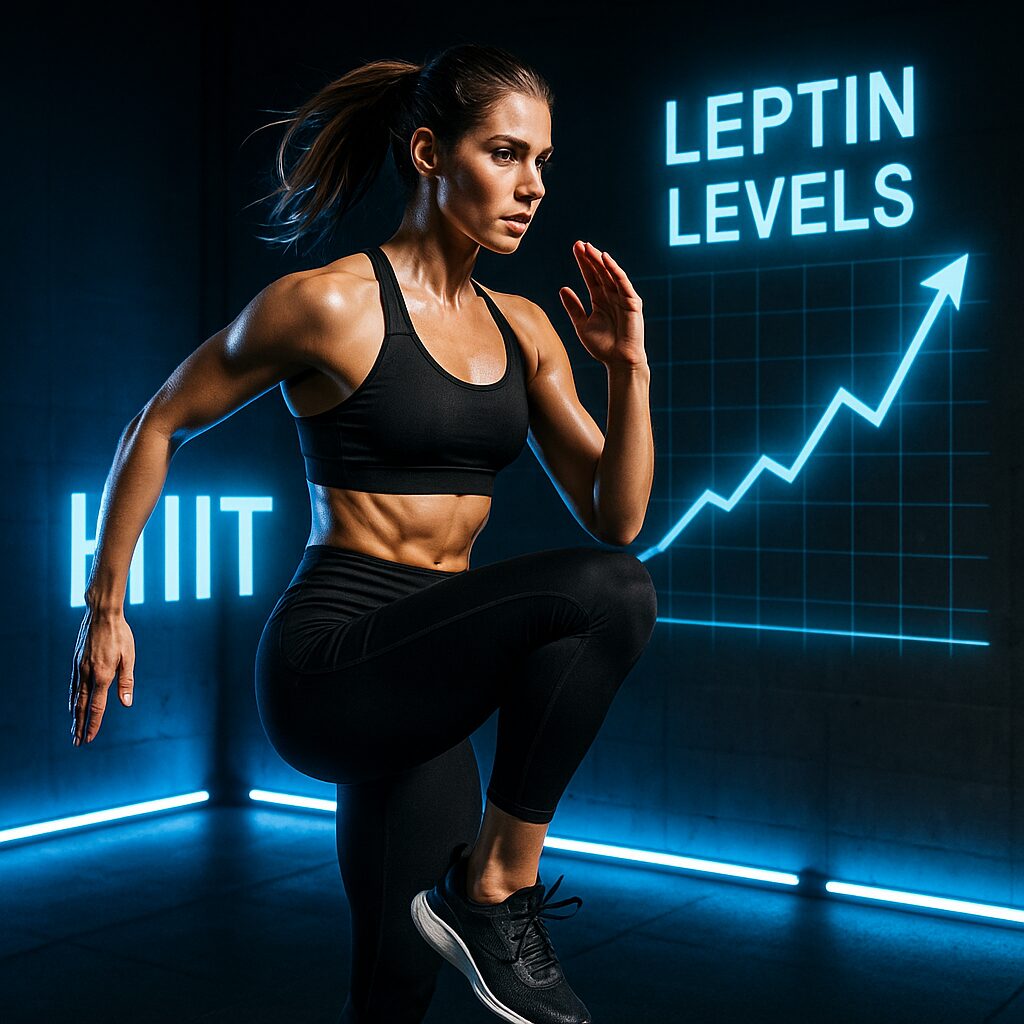 A fit woman exercises indoors, wearing black athletic wear. Behind her, neon blue words "HIIT" and a graph marked "Leptin Levels" convey fitness and progress.