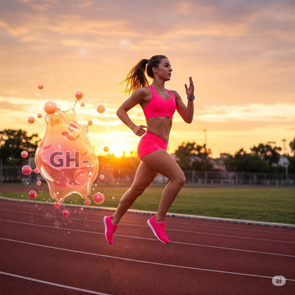 A vibrant, dynamic scene of an individual performing a high-intensity interval training (HIIT) workout, surrounded by a pulsing glow that represents the release of growth hormone (GH). The foreground depicts the person mid-movement, muscles straining, sweat glistening, captured in a dramatic, action-packed pose. The middle ground showcases an array of workout equipment, free weights, and resistance bands, hinting at the intensity of the exercise routine. The background is enveloped in a soft, ethereal light, creating a sense of energy and focus, emphasizing the physiological processes at play during this GH-boosting workout. Dramatic lighting, wide-angle lens, low camera angle to accentuate the subject's power and determination. The overall mood is one of intensity, vitality, and the powerful connection between exercise and hormonal response. A woman in bright pink athletic wear jogs on a track at sunset, exuding energy and focus. A digital graphic with "GH-" floats beside her, signifying vitality.