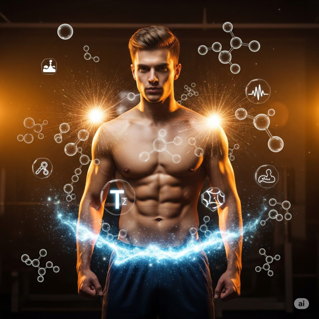 A muscular male figure stands in a well-lit studio setting, his physique and facial features embodying the prime of masculine development. Warm lighting from above and subtle shadows define the contours of his strong jawline, broad shoulders, and chiseled abdominal muscles. The subject's gaze is direct, radiating confidence and vitality. The background is a neutral, minimalist backdrop, allowing the subject to be the center of attention. The overall composition conveys a sense of power, vigor, and the pinnacle of physical maturity, reflecting the role of testosterone in shaping the male form. A muscular man stands confidently in a gym, surrounded by glowing scientific and molecular symbols, conveying themes of fitness and strength.