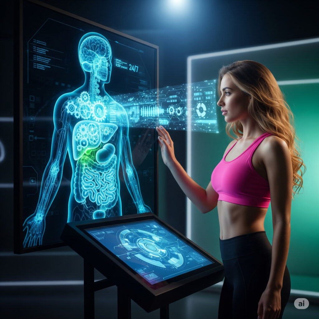 A vibrant and energetic illustration showcasing 8 key strategies to boost metabolism. In the foreground, a fit and healthy person performing dynamic exercises like jumping jacks, squats, and high knees against a backdrop of various metabolism-boosting foods like leafy greens, berries, and lean proteins. In the middle ground, visual cues representing other strategies such as drinking green tea, getting enough sleep, managing stress, and maintaining hydration. The background features a clean, minimalist design with a bright, warm lighting scheme to convey an uplifting, motivational atmosphere. The overall composition should feel visually striking and informative, inspiring the viewer to adopt these proven metabolism-boosting techniques. A woman in athletic wear interacts with a digital hologram of a human body, touching a screen displaying health data. The setting is futuristic and technological.