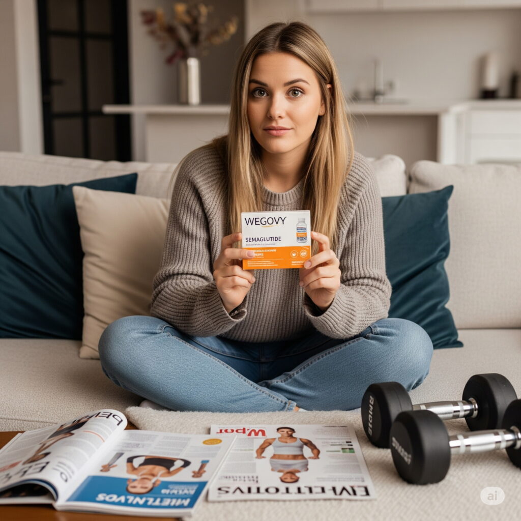 Woman sitting cross-legged on a sofa, holding a Wegovy box. In front of her are fitness magazines and dumbbells, suggesting a focus on health.