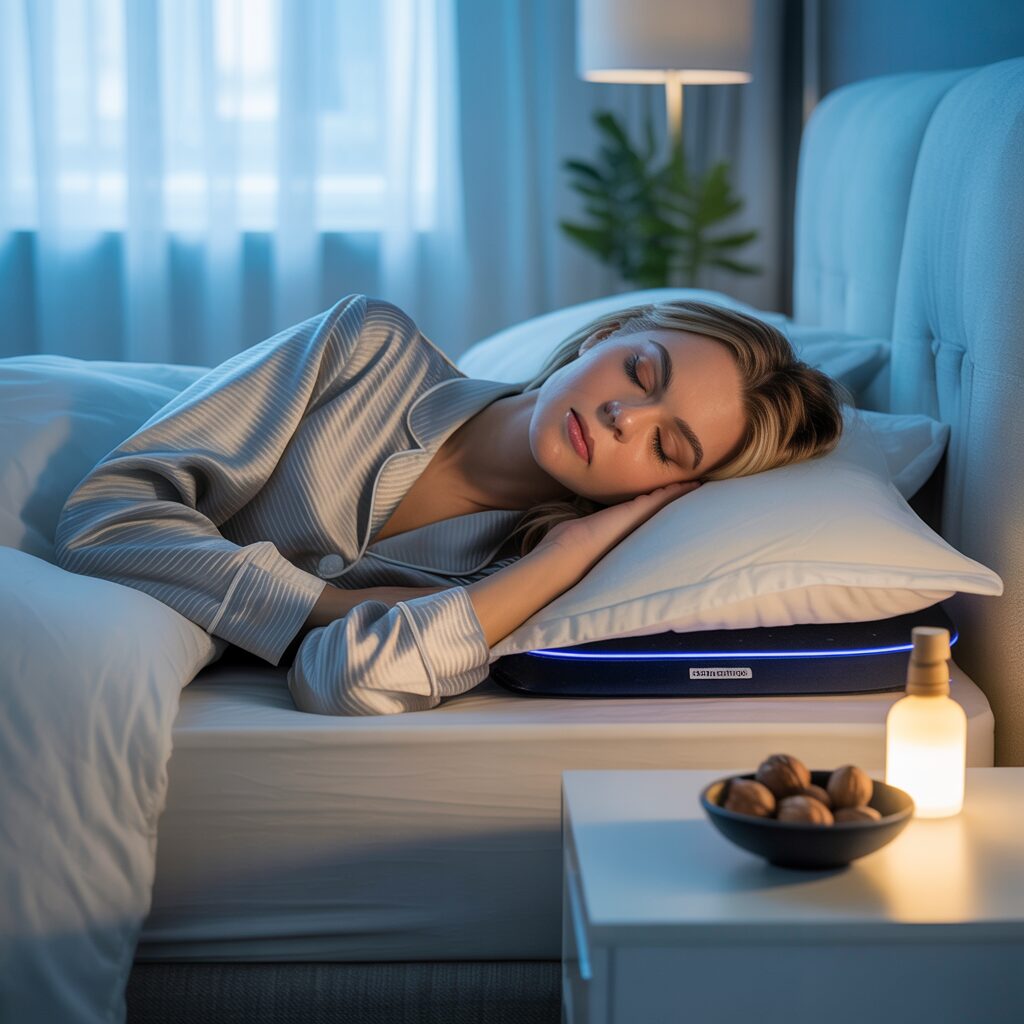 A dimly lit bedroom at night, with a figure tossing and turning in bed, tangled in sweat-soaked sheets. The soft glow of a bedside lamp illuminates the restless form, highlighting beads of perspiration on the skin. In the background, a hazy, dreamlike landscape suggests the subconscious turmoil of menopausal sleep disturbances. Shadows cast by the window's moonlight add depth and a sense of unease to the scene. The overall atmosphere conveys the discomfort and disruption of this hormonal transition, underscoring the importance of quality sleep for maintaining hormonal balance. A woman in striped pajamas sleeps peacefully on a cushioned bed. A soft blue light glows beneath her pillow. A nightstand holds a lit candle and a bowl of walnuts, adding warmth to the serene bedroom scene.