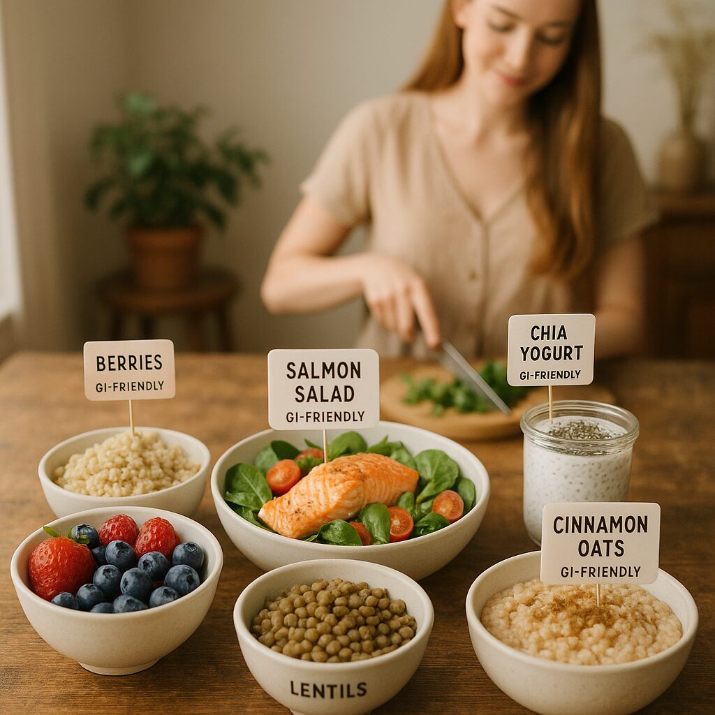 A delightful still life showcasing a variety of PCOS-friendly food swaps, bathed in warm, natural lighting. In the foreground, fresh vegetables such as broccoli, spinach, and bell peppers are arranged artfully. In the middle ground, whole grains like quinoa and brown rice are displayed, alongside lean proteins such as grilled chicken and tofu. The background features a selection of healthy fats, including avocado, nuts, and olive oil. The overall composition exudes a sense of balance, health, and culinary delight, perfectly capturing the spirit of evidence-based fat loss strategies for PCOS. A woman cuts greens at a table with labeled bowls of GI-friendly foods, including salmon salad, berries, chia yogurt, lentils, and cinnamon oats.