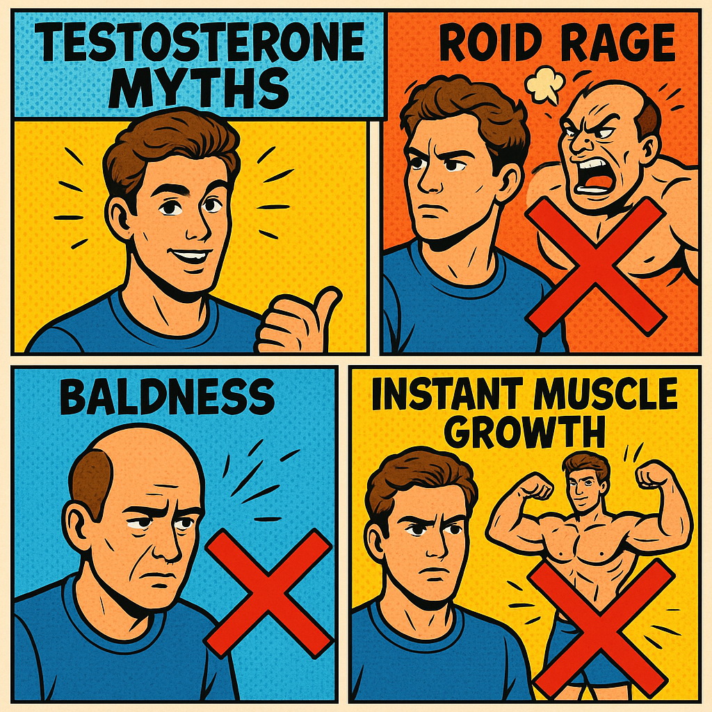 Comic-style illustration debunking testosterone myths: cheerful man debunking 'roid rage', 'baldness', and 'instant muscle growth', each with a red X.