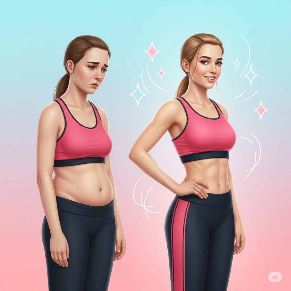 Illustration of a woman's fitness transformation. On the left, she appears sad with a relaxed posture, while on the right, she's smiling confidently.
