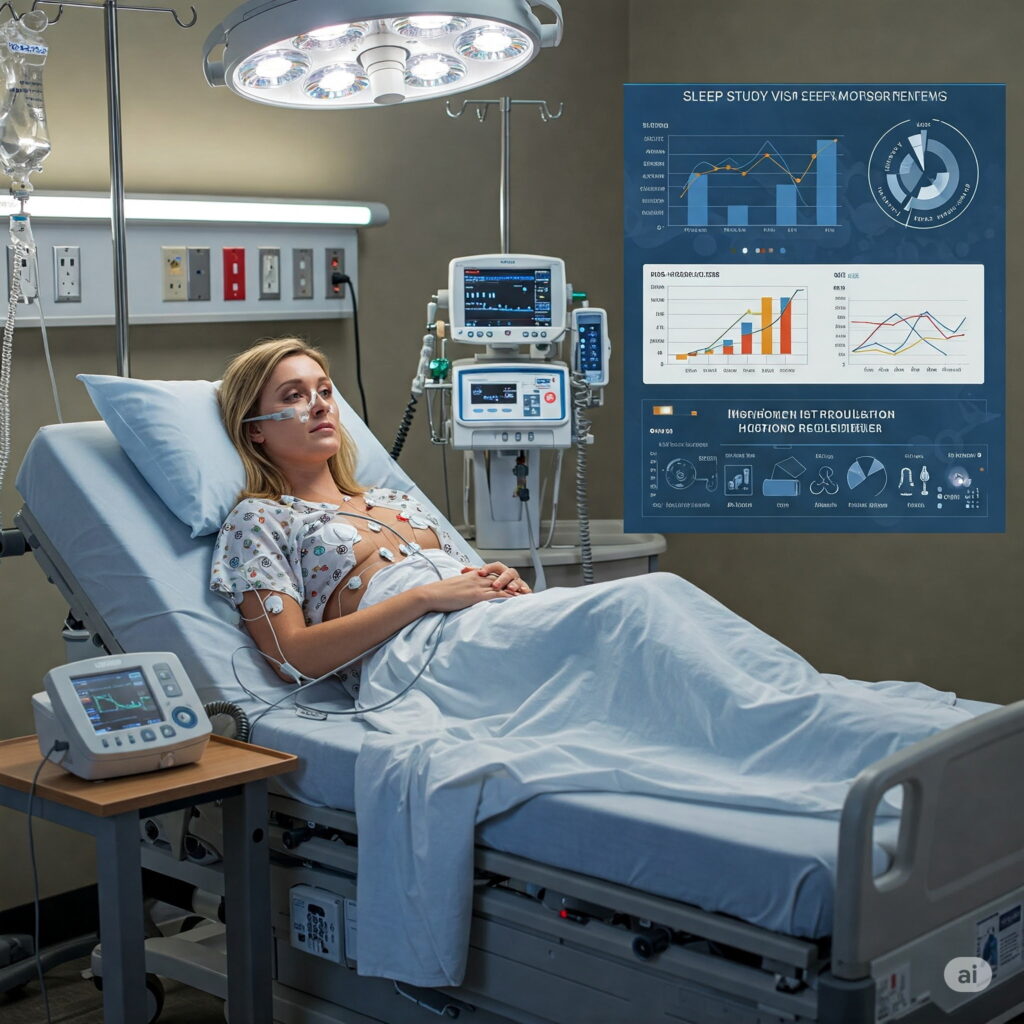 A dimly lit bedroom at night, with a person tossing and turning in a bed, their face partially obscured by a CPAP mask. The room has a somber, restless atmosphere, with shadows cast across the bedsheets. The person's expression conveys discomfort and fatigue, their body language suggesting the struggle to breathe. In the background, a nightstand holds a glass of water and a bottle of medication, hinting at the medical aspects of sleep apnea. The scene is captured with a soft, muted color palette and a slightly off-center composition, emphasizing the distress and unease of the subject. Woman lying in a hospital bed under bright lights, wearing medical sensors. Monitors display data and charts, indicating a sleep study. The mood is clinical.